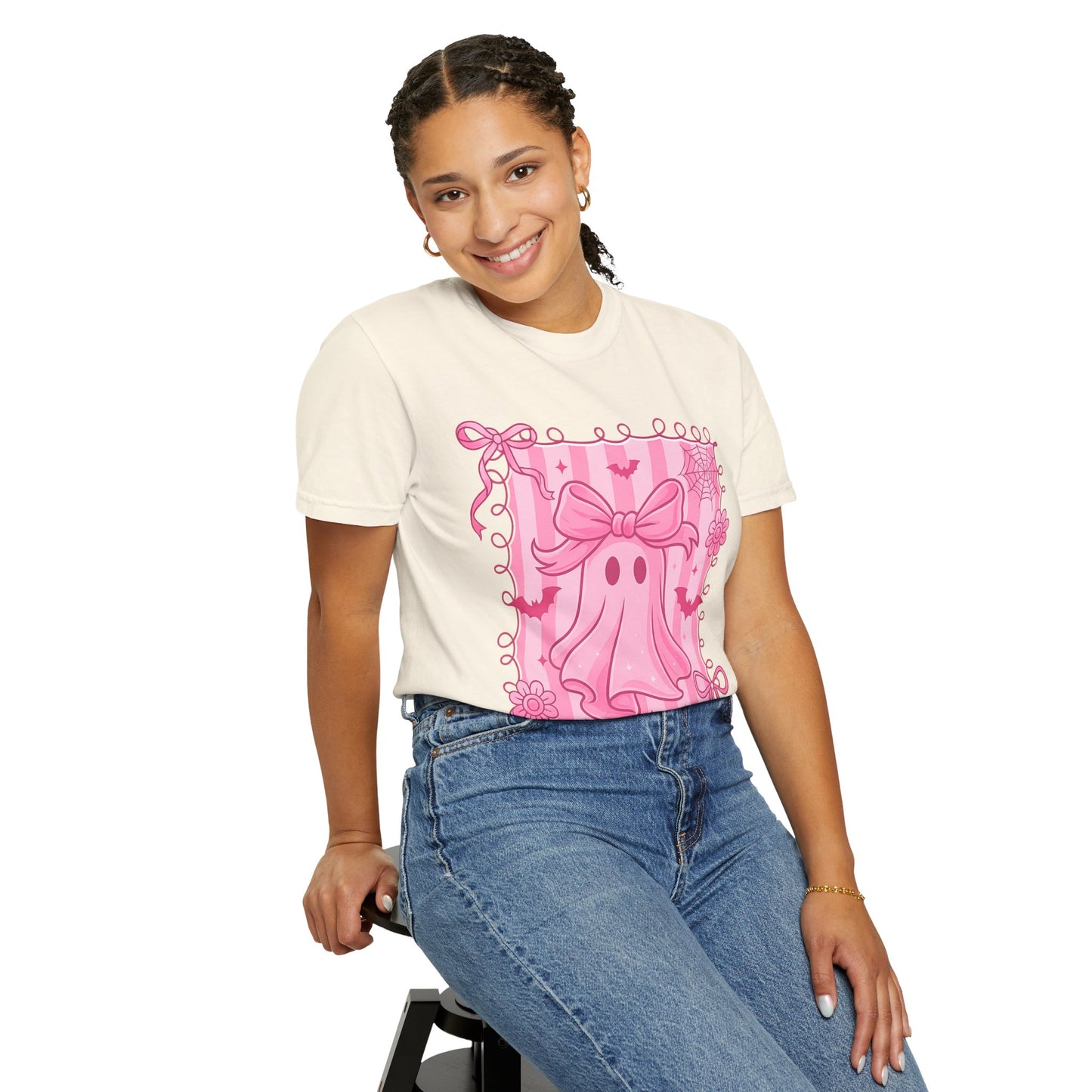 Cute Pink Ghost Graphic T-Shirt, Pink Halloween Tee, Unisex Garment-Dyed Top, Spooky Style for Fall, Trick or Treat Fashion