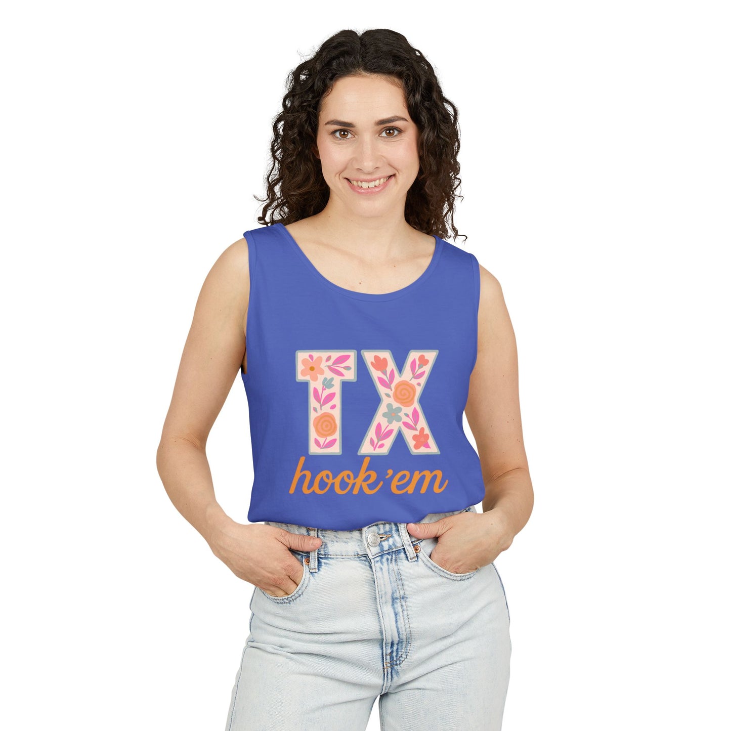 Texas Floral Hook 'Em Unisex Tank Top, Summer Vibe, Casual Wear, College Gear, Gift for Graduates, Texas Pride Apparel, Comfort Colors, Graduation Gift