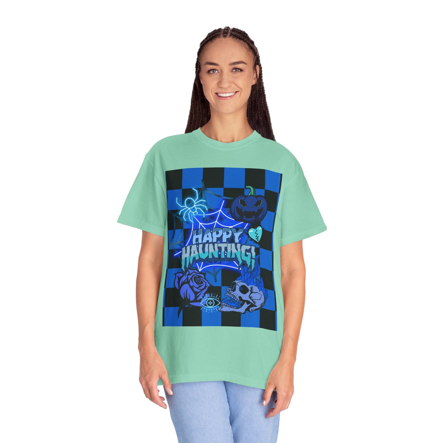 Happy Haunting Unisex Garment-Dyed T-shirt, Halloween Tee, Spooky Shirt, Fall Fashion, Casual Wear, Pumpkin Fest