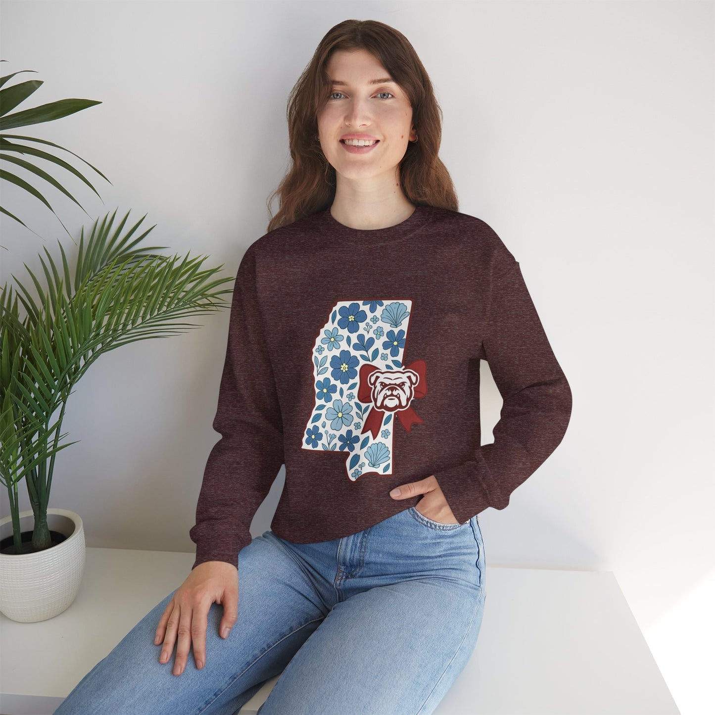 Mississippi Flower Bulldog Crewneck Sweatshirt, Cozy Sweatshirt for Fall, Gift for Dog Lovers, College Apparel, Casual Fashion