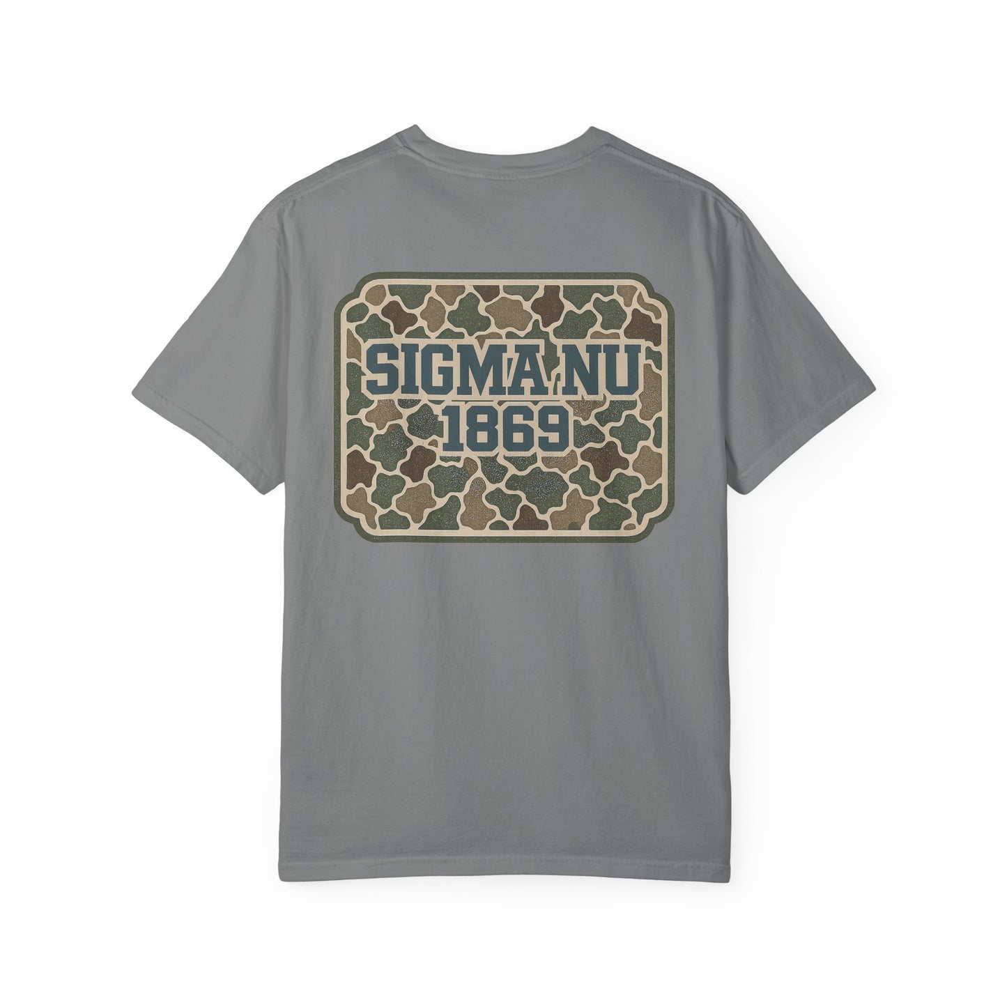 SigmaNu Camouflage T-Shirt | Unisex Garment-Dyed Tee for Greek Life | Ideal for Fraternity Events, Casual Wear, Gifts, Game Days
