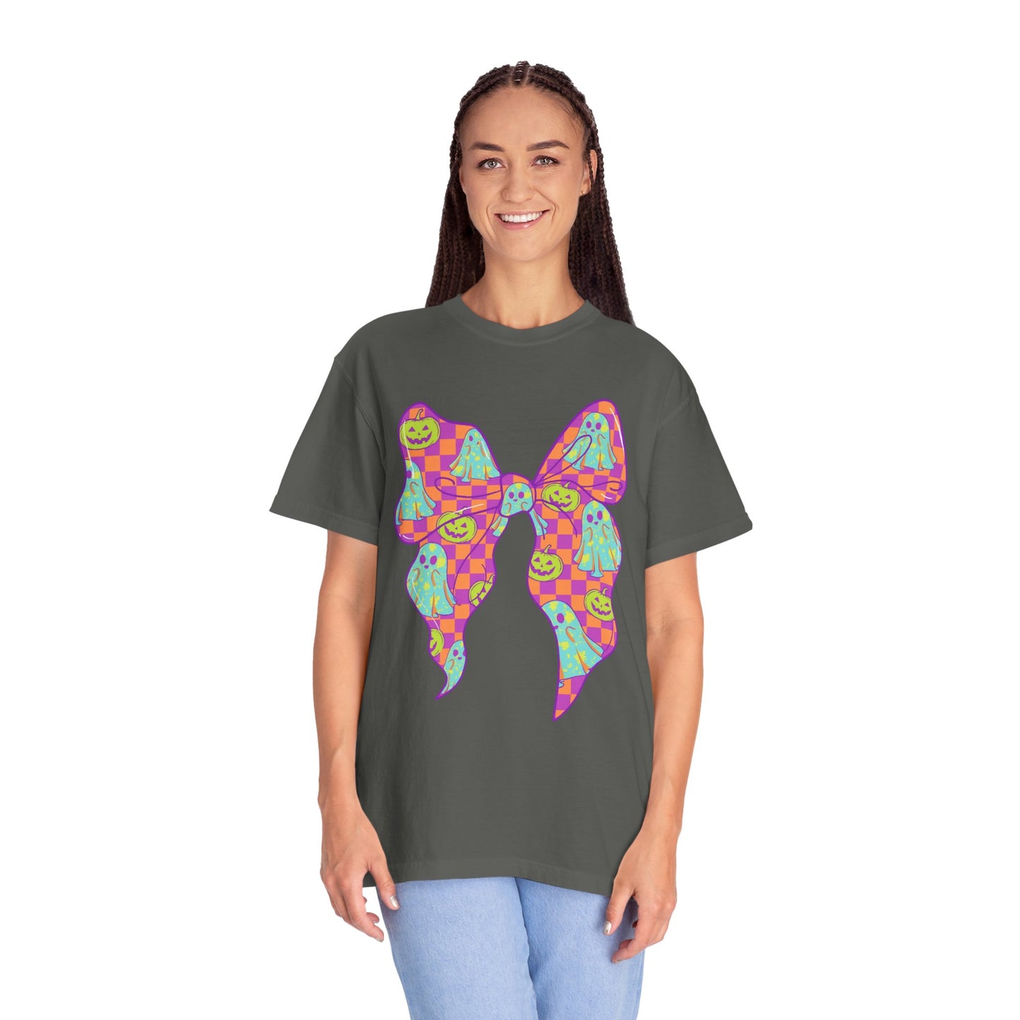 Neon Checkered Ghost Bow T-Shirt - Fun Lovers Halloween Unisex Tee