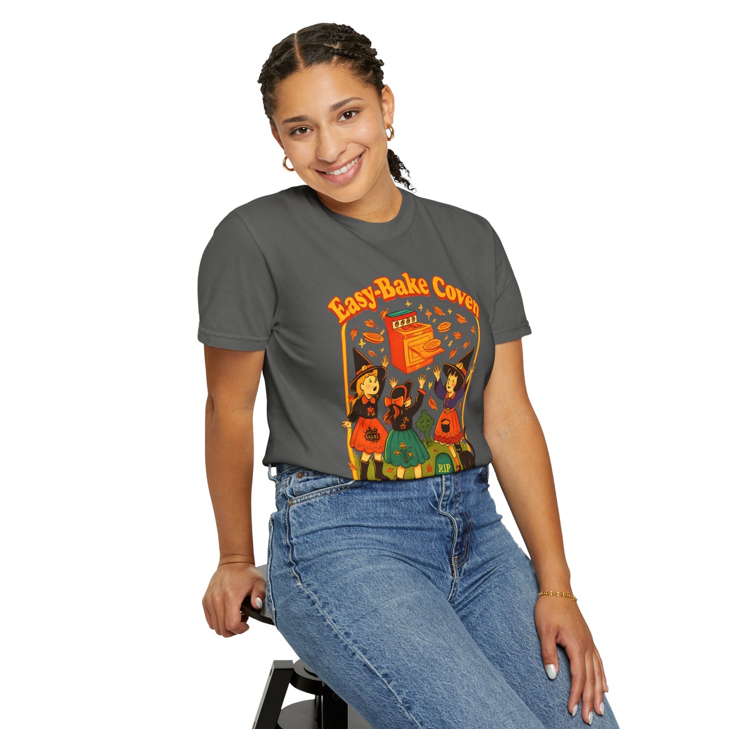 Halloween Witch T-Shirt, Unisex Garment-Dyed Shirt, Easy-Bake Coven Tee, Spooky Season Apparel, Cute Witch Design