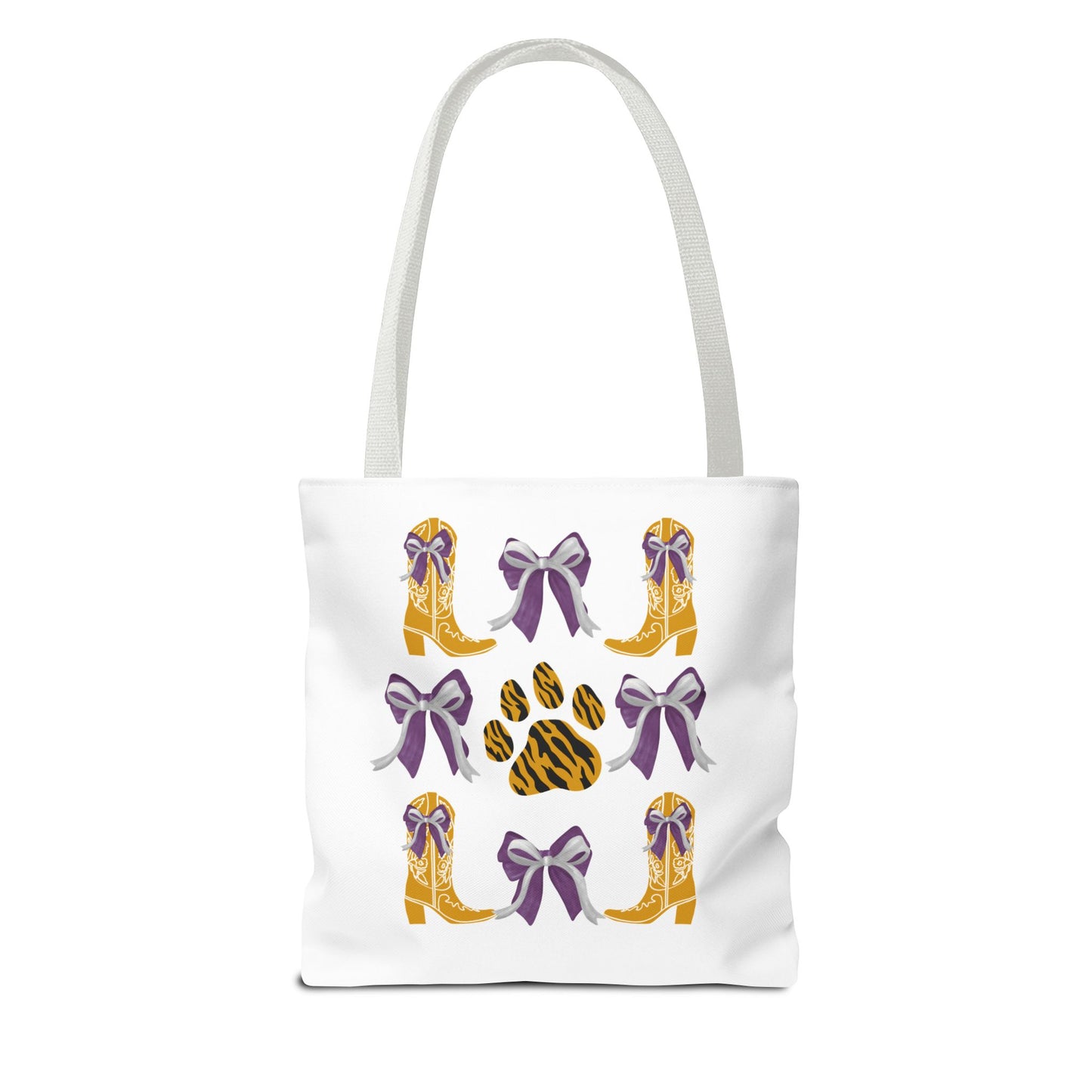 LSu coquette bow Print Tote Bag, Eco-Friendly Fashion Bag, lsu tiger fan, louisiana game day, geaux tigers, college student gift, graduation gift