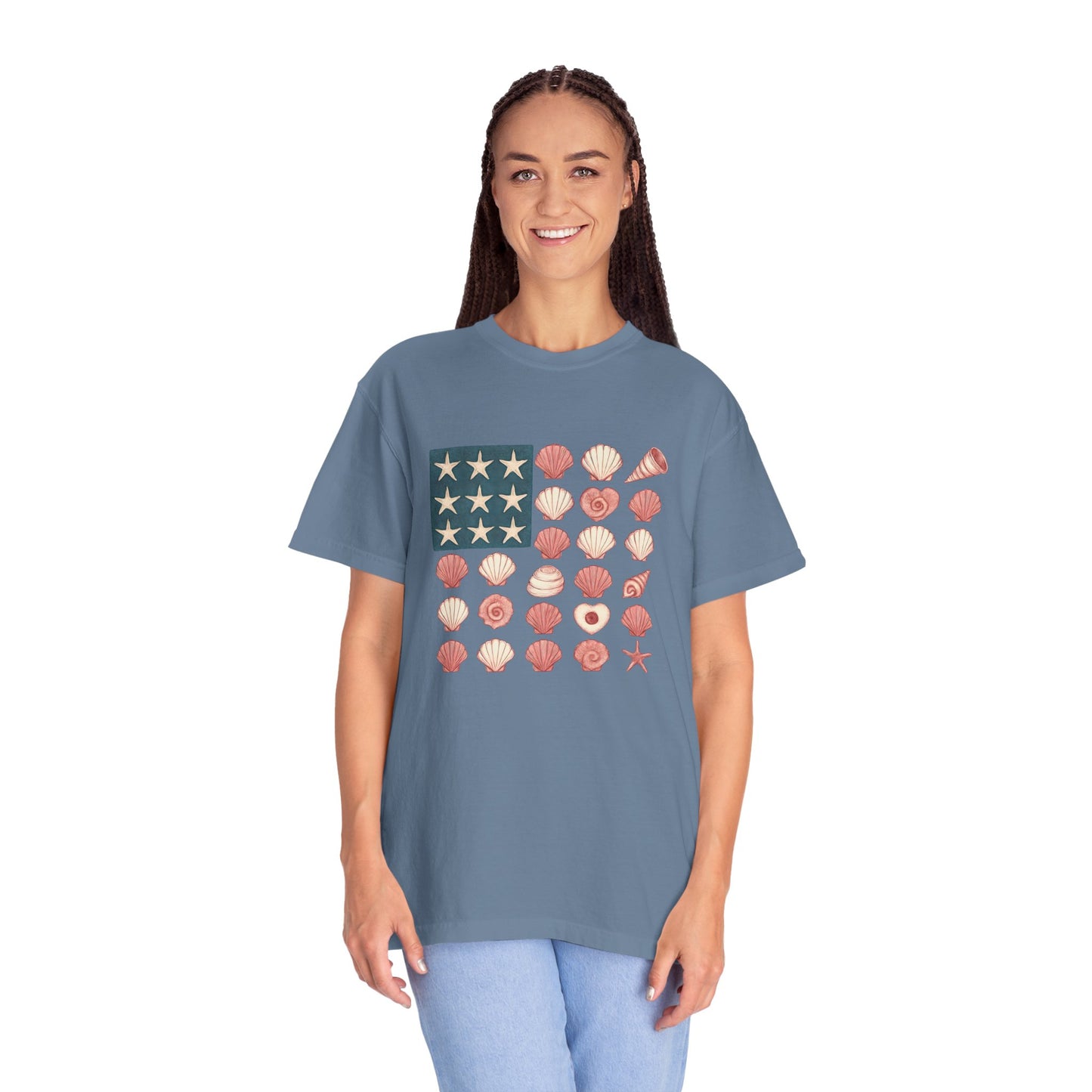 Comfort Colors-Seashell Flag T-Shirt, Unisex, American Flag, Beach Vibes, Nautical Gift, Summer Vibes, July 4th