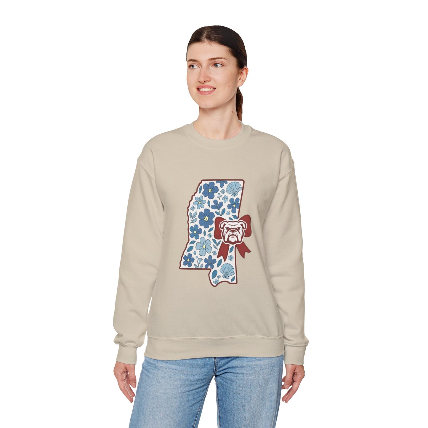 Mississippi Flower Bulldog Crewneck Sweatshirt, Cozy Sweatshirt for Fall, Gift for Dog Lovers, College Apparel, Casual Fashion