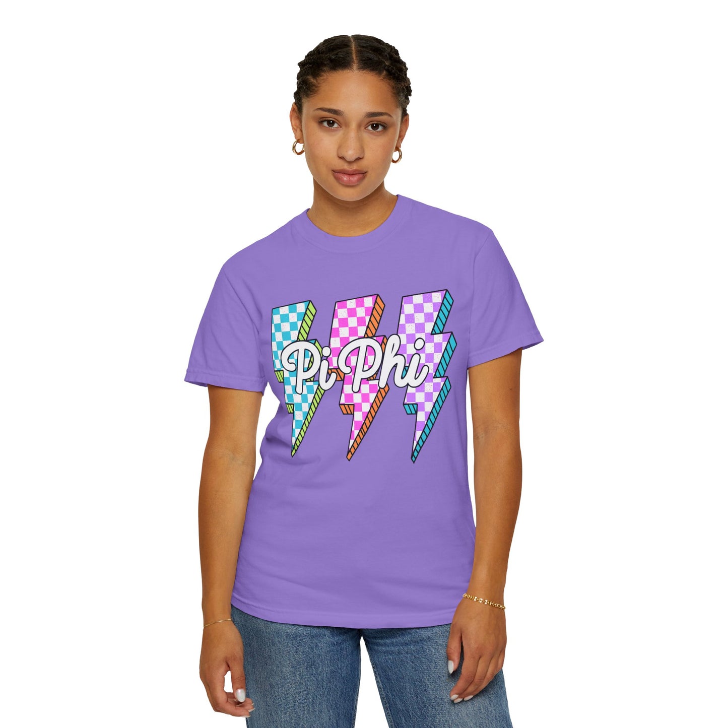 PB Phi Lightning Bolt Unisex T-shirt | Vibrant Greek Life Apparel, Unique Gift for Sorority Sisters, Casual Wear, Celebrating Sisterhood