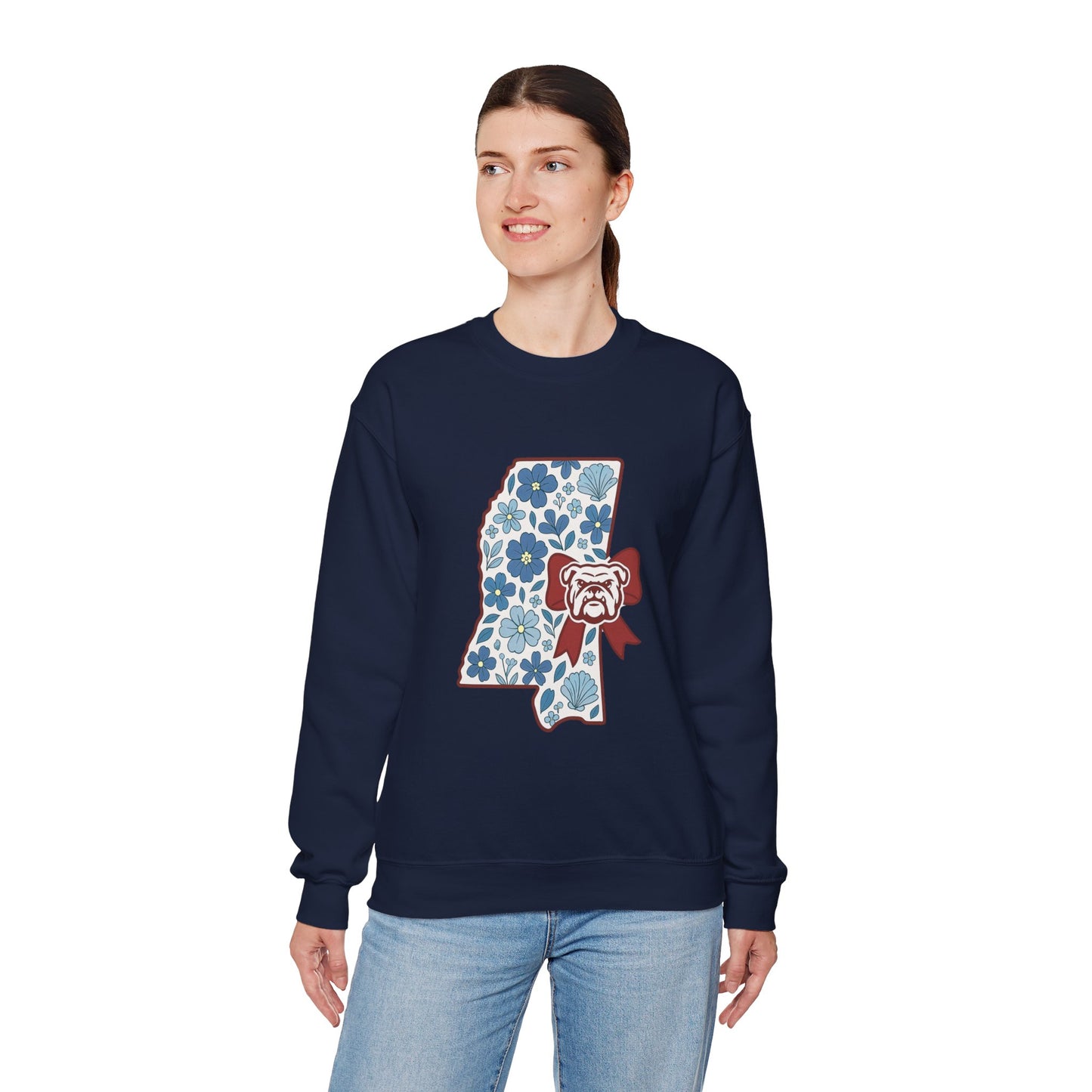 Mississippi Flower Bulldog Crewneck Sweatshirt, Cozy Sweatshirt for Fall, Gift for Dog Lovers, College Apparel, Casual Fashion