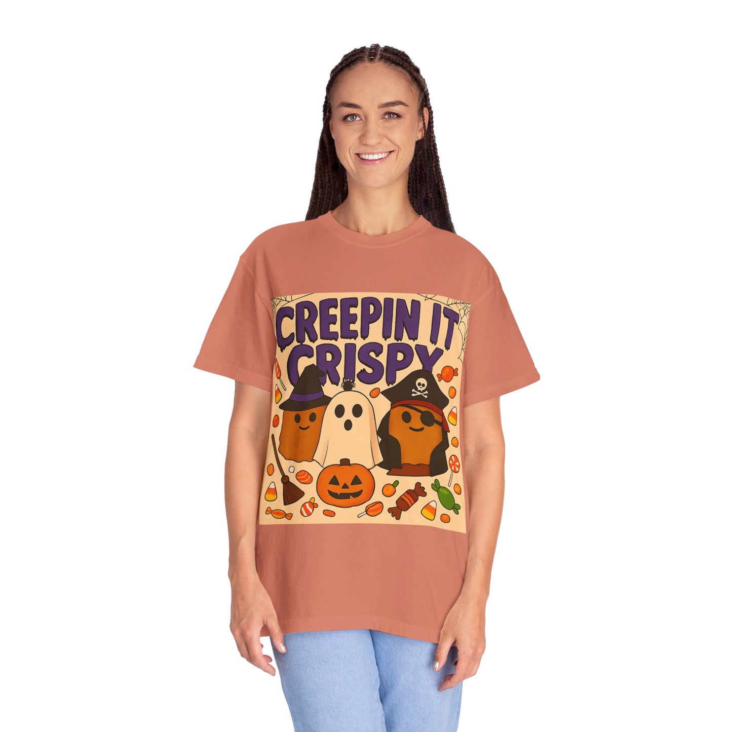Halloween Themed T-Shirt, Creepin It Crispy T-Shirt, Unisex Shirt for Fall, Cute Halloween Tee, Festive Ghost & Candy Design