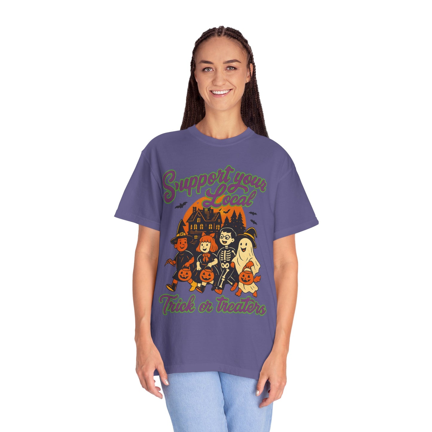 Halloween Support T-Shirt, Youth Trick or Treat Shirt, Garment-Dyed Tee for Kids, Spooky Season Apparel, Holiday Party Top, Fun Costume Wear