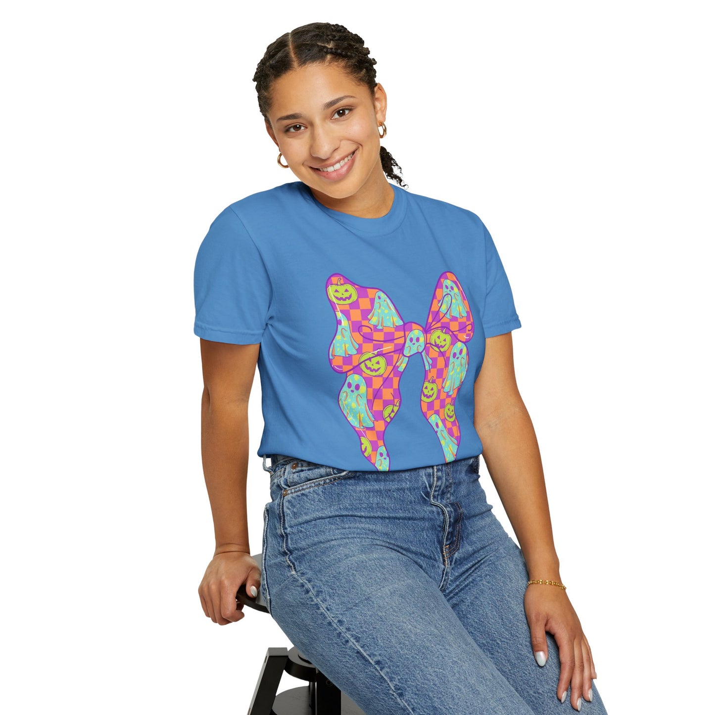 Neon Checkered Ghost Bow T-Shirt - Fun Lovers Halloween Unisex Tee
