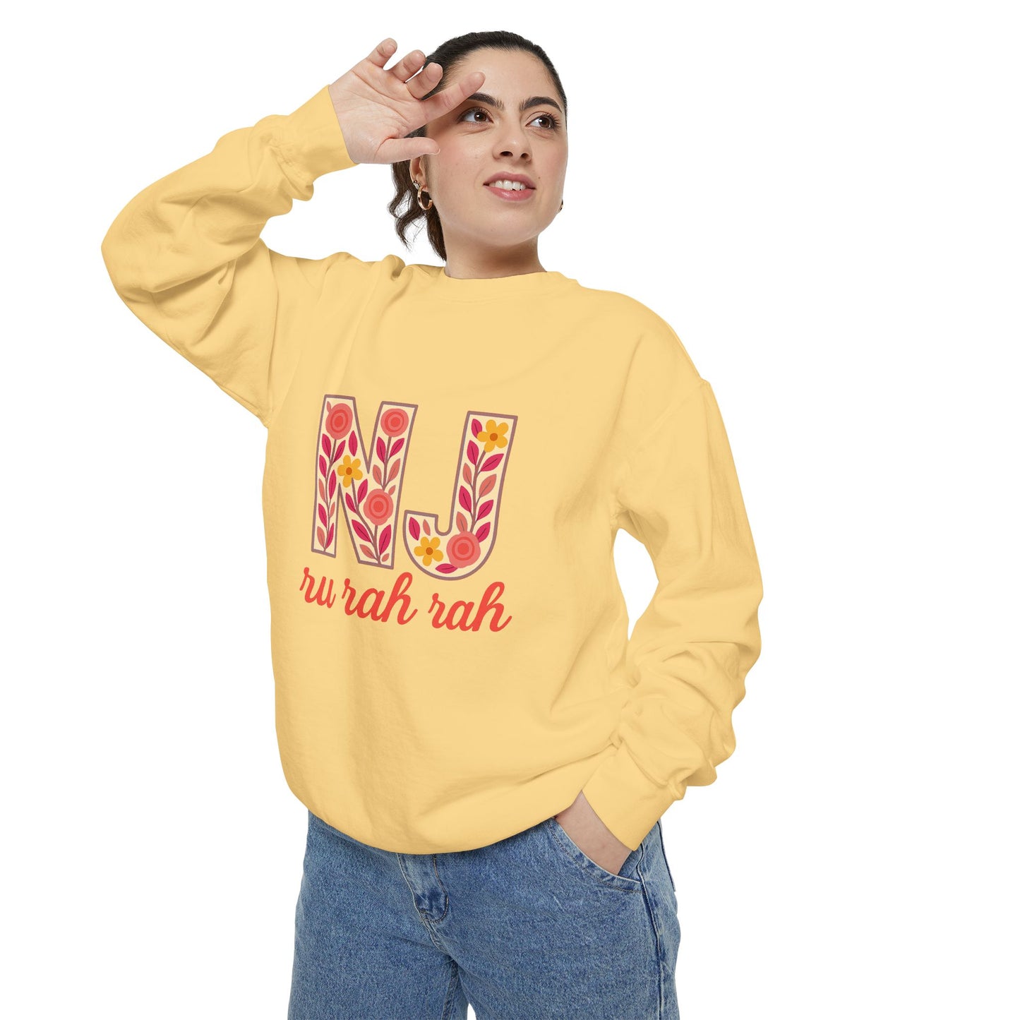 Cheerful NJ Garment-Dyed Sweatshirt, Cozy Unisex Pullover for School Spirit, Fall Fashion, Gift for College Students, Relaxed Fit