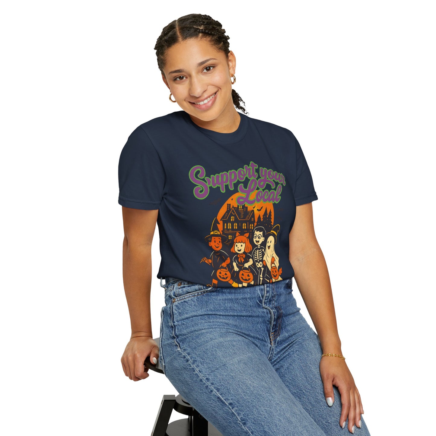 Halloween Support T-Shirt, Youth Trick or Treat Shirt, Garment-Dyed Tee for Kids, Spooky Season Apparel, Holiday Party Top, Fun Costume Wear