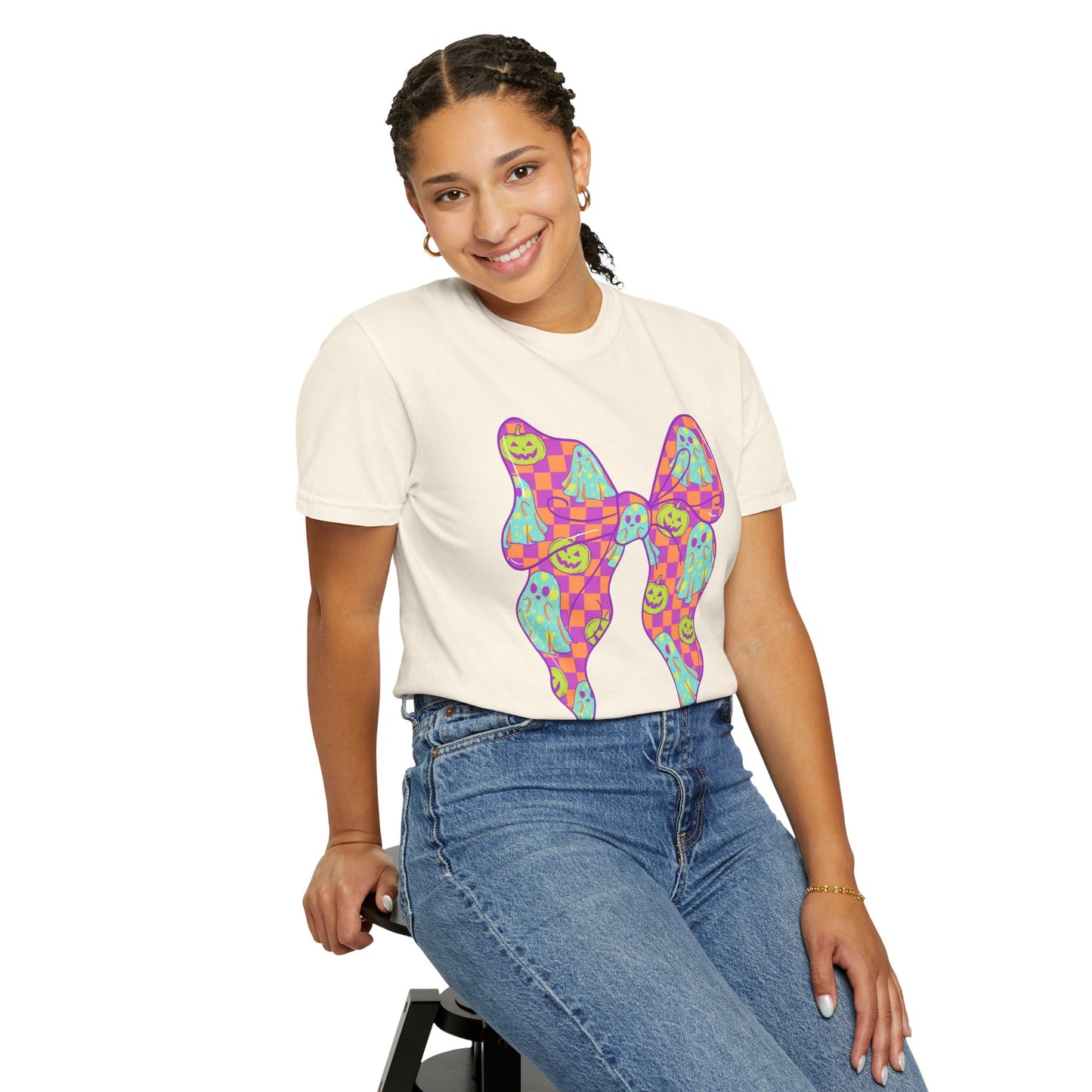Neon Checkered Ghost Bow T-Shirt - Fun Lovers Halloween Unisex Tee