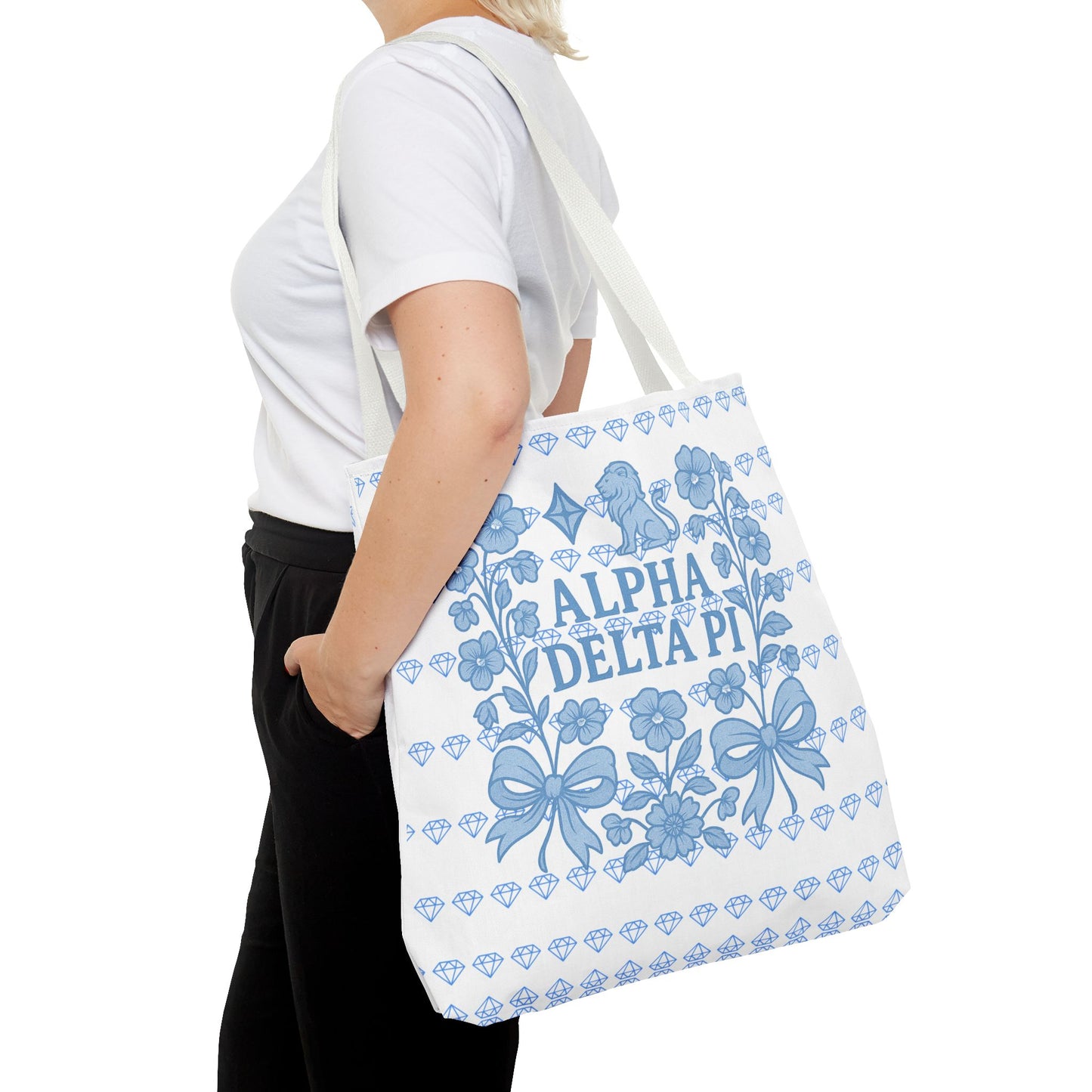 Alpha Delta Pi Floral Tote Bag - Stylish Sorority Accessory, Gift for College Students, Everyday Use, Blue Floral Design, AOP Style