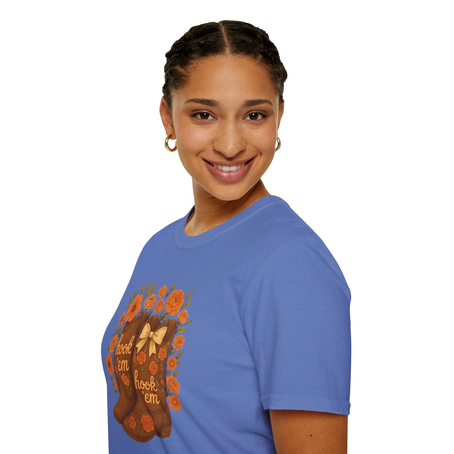 Tx Hook Em Floral Cowboy Boot T-Shirt, Hook 'Em Tee, Autumn Apparel, Country Style, Gift for Her, tx longhorns, texas fan gift, hook em horns, graduation gift, college student gift