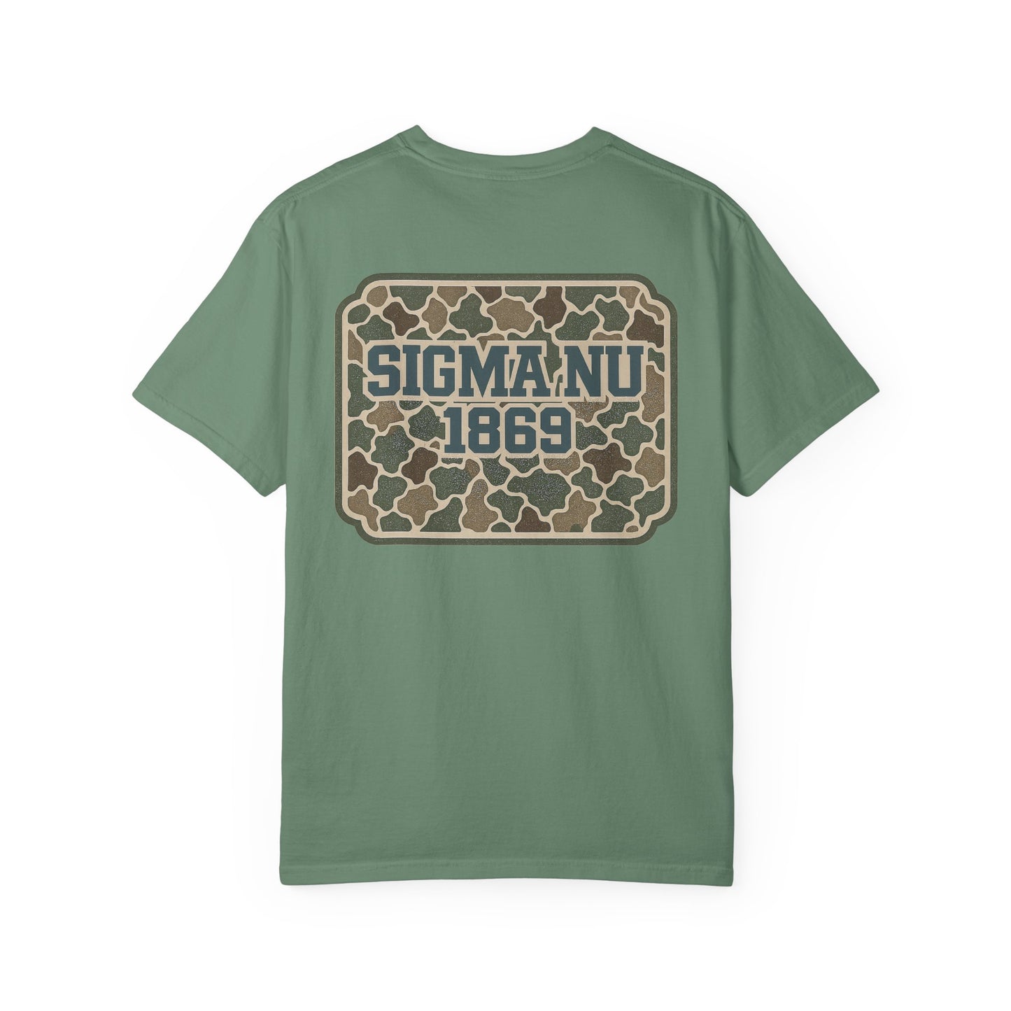 SigmaNu Camouflage T-Shirt | Unisex Garment-Dyed Tee for Greek Life | Ideal for Fraternity Events, Casual Wear, Gifts, Game Days