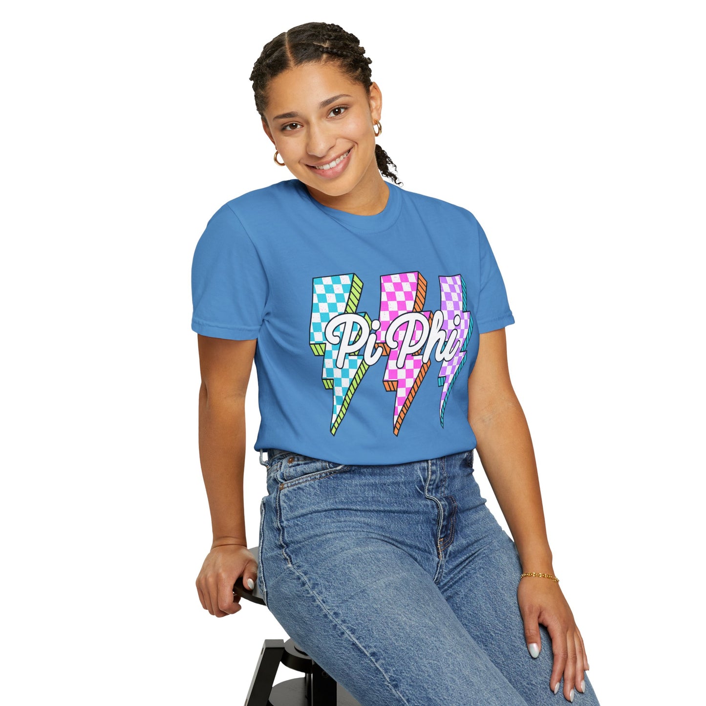 PB Phi Lightning Bolt Unisex T-shirt | Vibrant Greek Life Apparel, Unique Gift for Sorority Sisters, Casual Wear, Celebrating Sisterhood