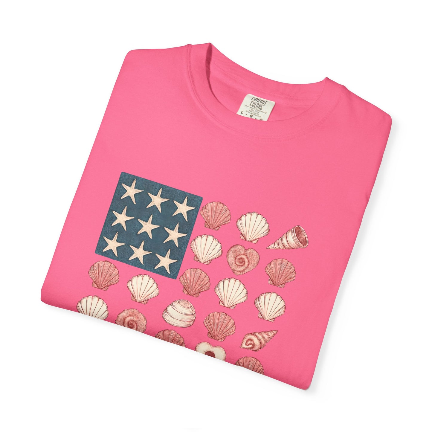 Comfort Colors-Seashell Flag T-Shirt, Unisex, American Flag, Beach Vibes, Nautical Gift, Summer Vibes, July 4th
