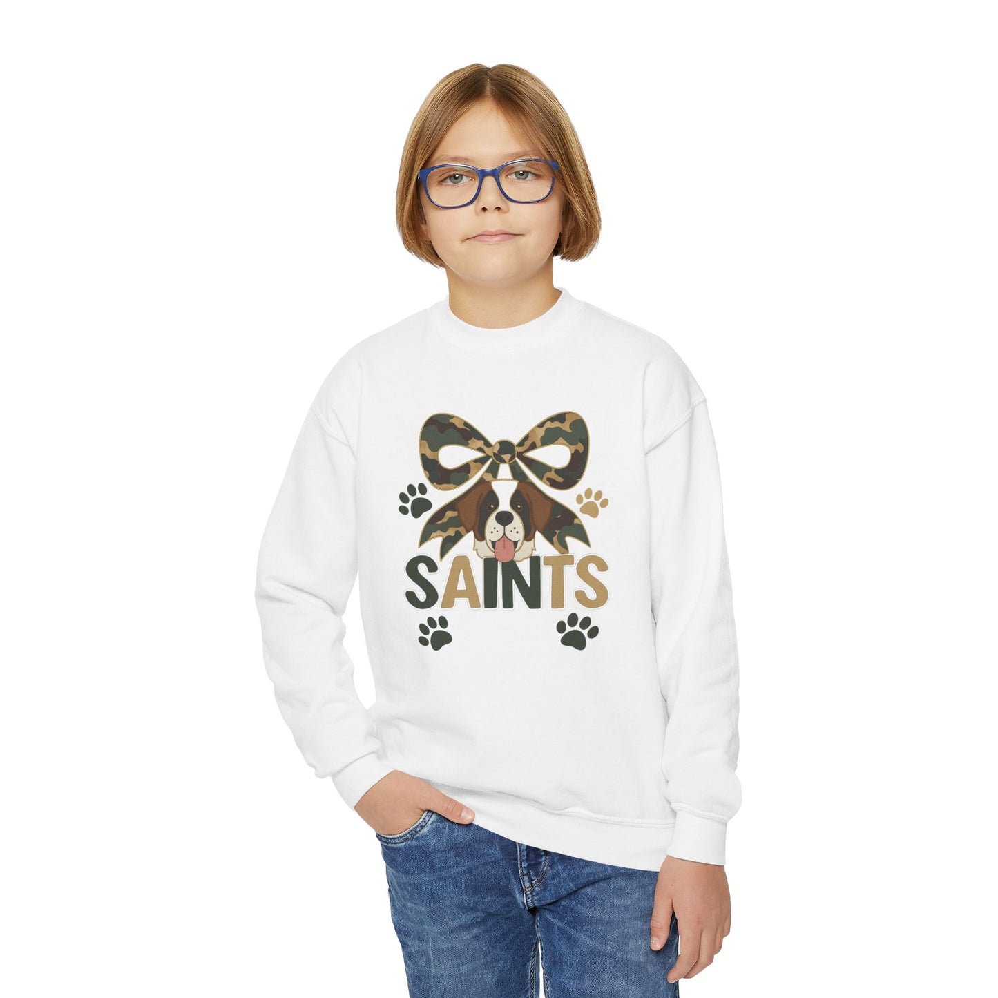 Youth Crewneck Sweatshirt with Camo Bow and Paw Prints, Dog Lovers Gift, Cozy Pet-Themed Apparel, Great for Holidays, Perfect for [...]