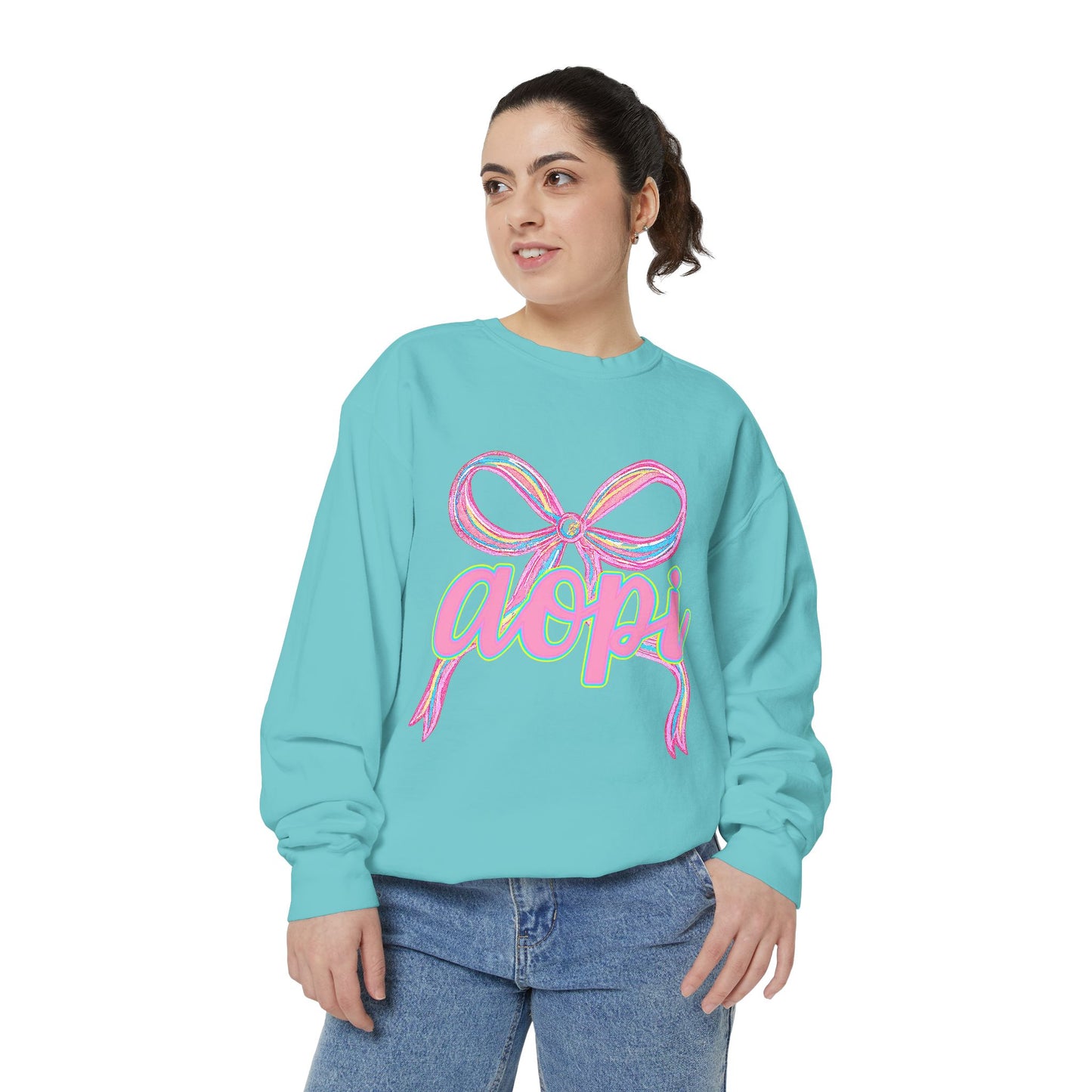 Pastel Bow Sweatshirt with aopi Design, Cozy Unisex Sweatshirt, Gift for Sorority Sisters, Casual Chic Apparel, Best Friend Outfit