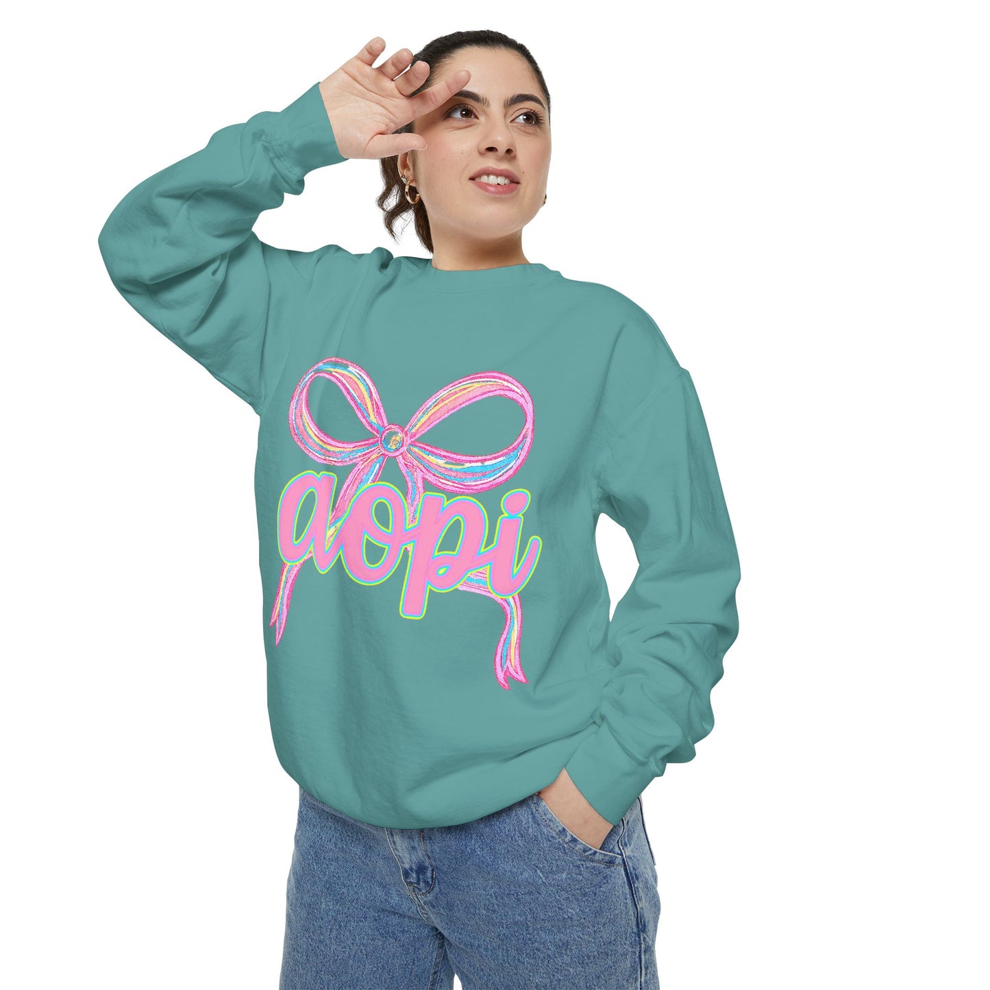 Pastel Bow Sweatshirt with aopi Design, Cozy Unisex Sweatshirt, Gift for Sorority Sisters, Casual Chic Apparel, Best Friend Outfit