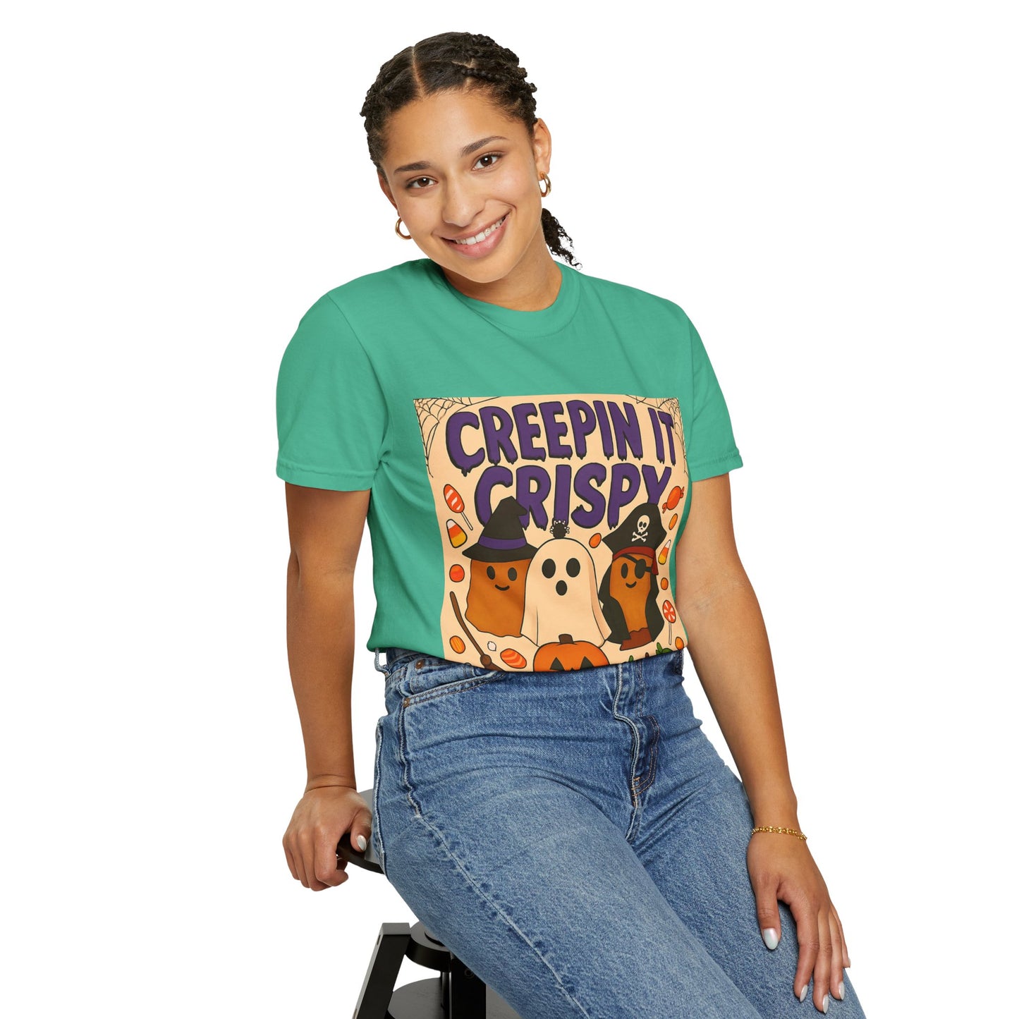 Halloween Themed T-Shirt, Creepin It Crispy T-Shirt, Unisex Shirt for Fall, Cute Halloween Tee, Festive Ghost & Candy Design