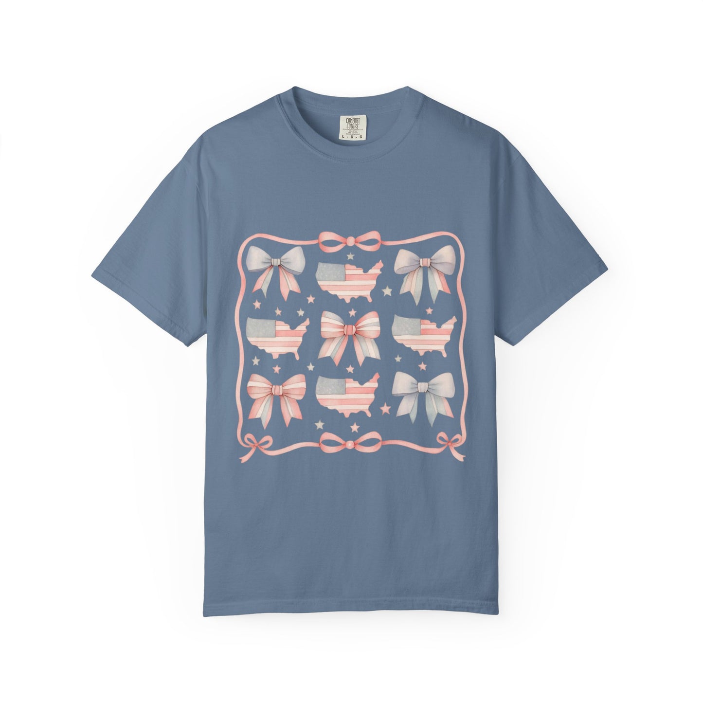 America Coquette Cute Bow Pattern Comfort Colors Unisex T-Shirt - 4th of July USA Celebration