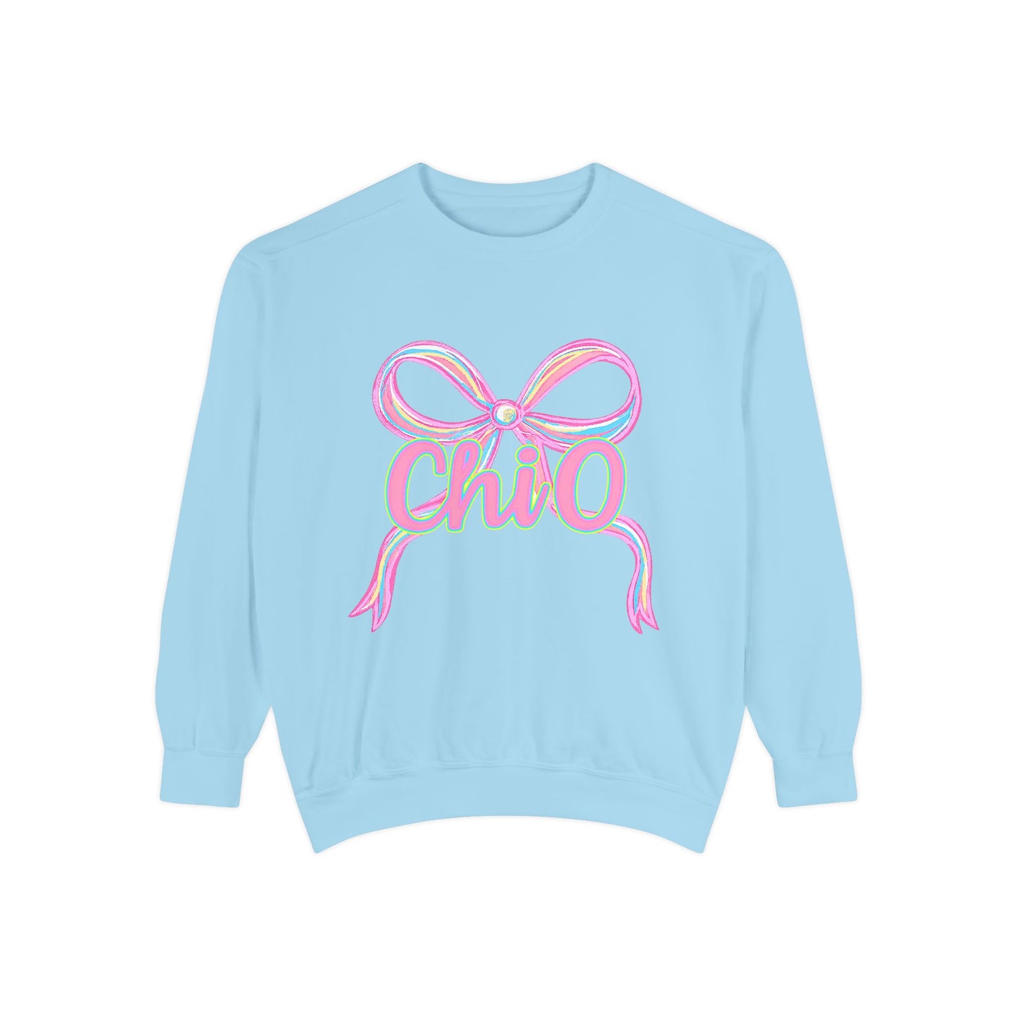 CHIO Chic Bow Graphic Unisex Garment-Dyed Sweatshirt, Cozy Pullover, Fashionable Gift, Casual Outfit, Spring Style, Trendy Apparel