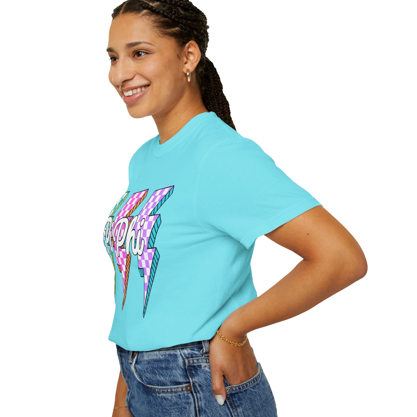 PB Phi Lightning Bolt Unisex T-shirt | Vibrant Greek Life Apparel, Unique Gift for Sorority Sisters, Casual Wear, Celebrating Sisterhood