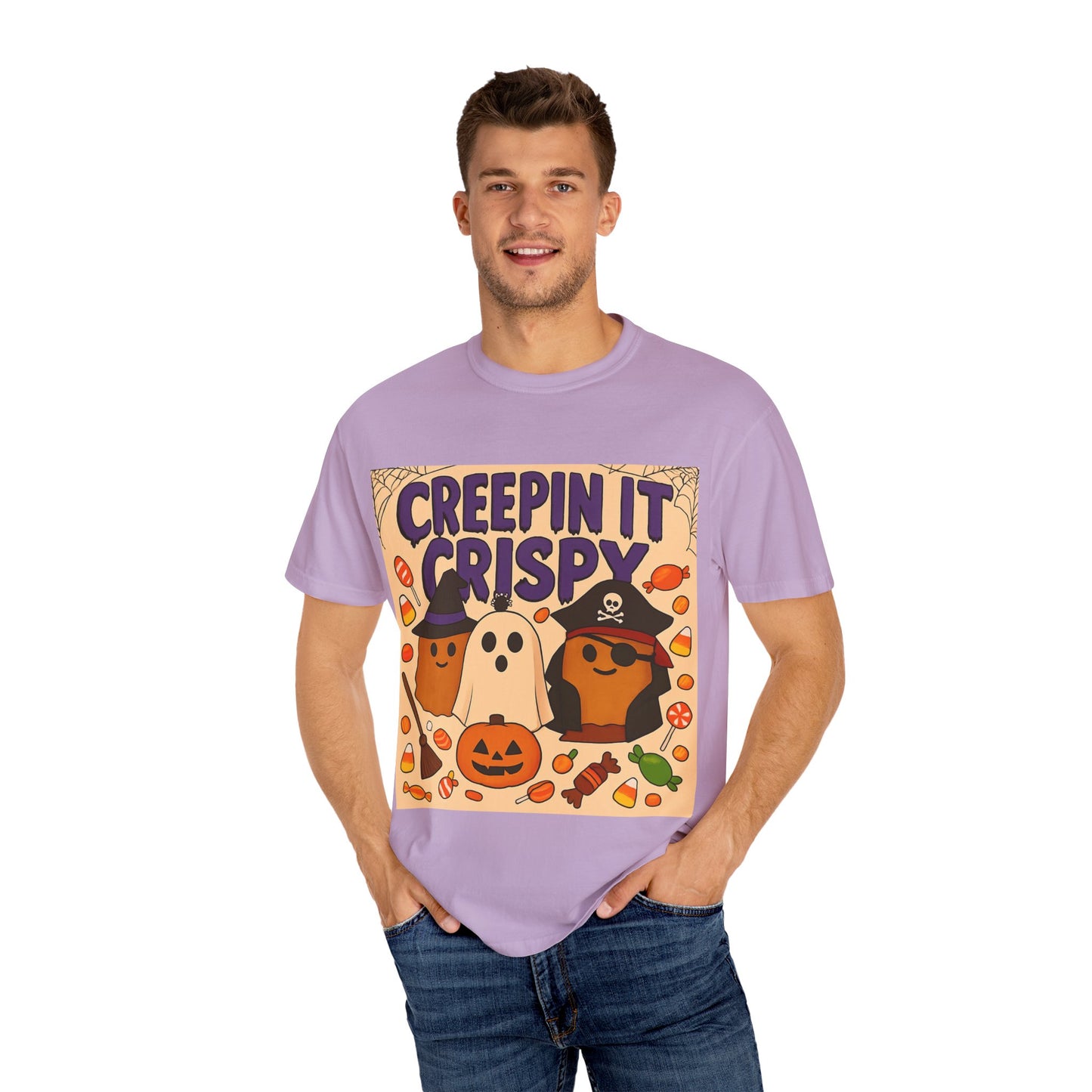 Halloween Themed T-Shirt, Creepin It Crispy T-Shirt, Unisex Shirt for Fall, Cute Halloween Tee, Festive Ghost & Candy Design