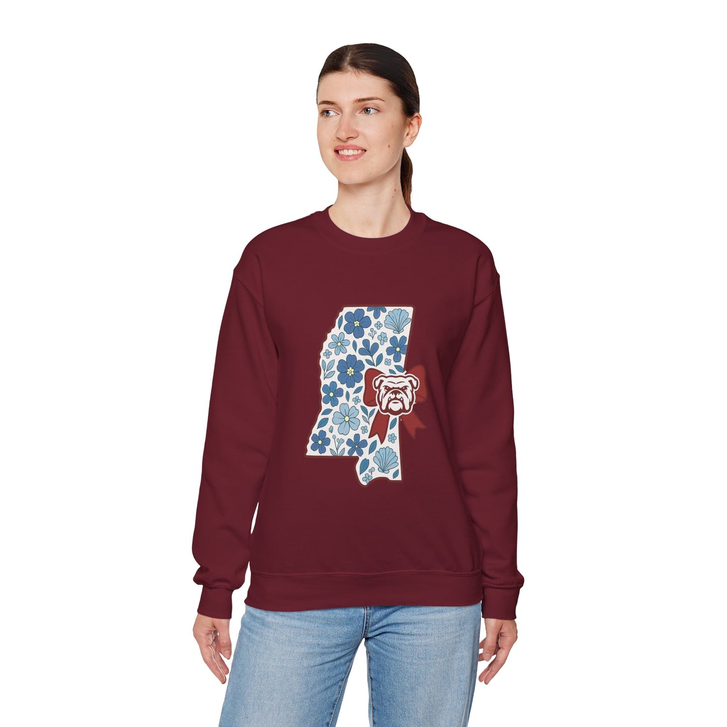 Mississippi Flower Bulldog Crewneck Sweatshirt, Cozy Sweatshirt for Fall, Gift for Dog Lovers, College Apparel, Casual Fashion