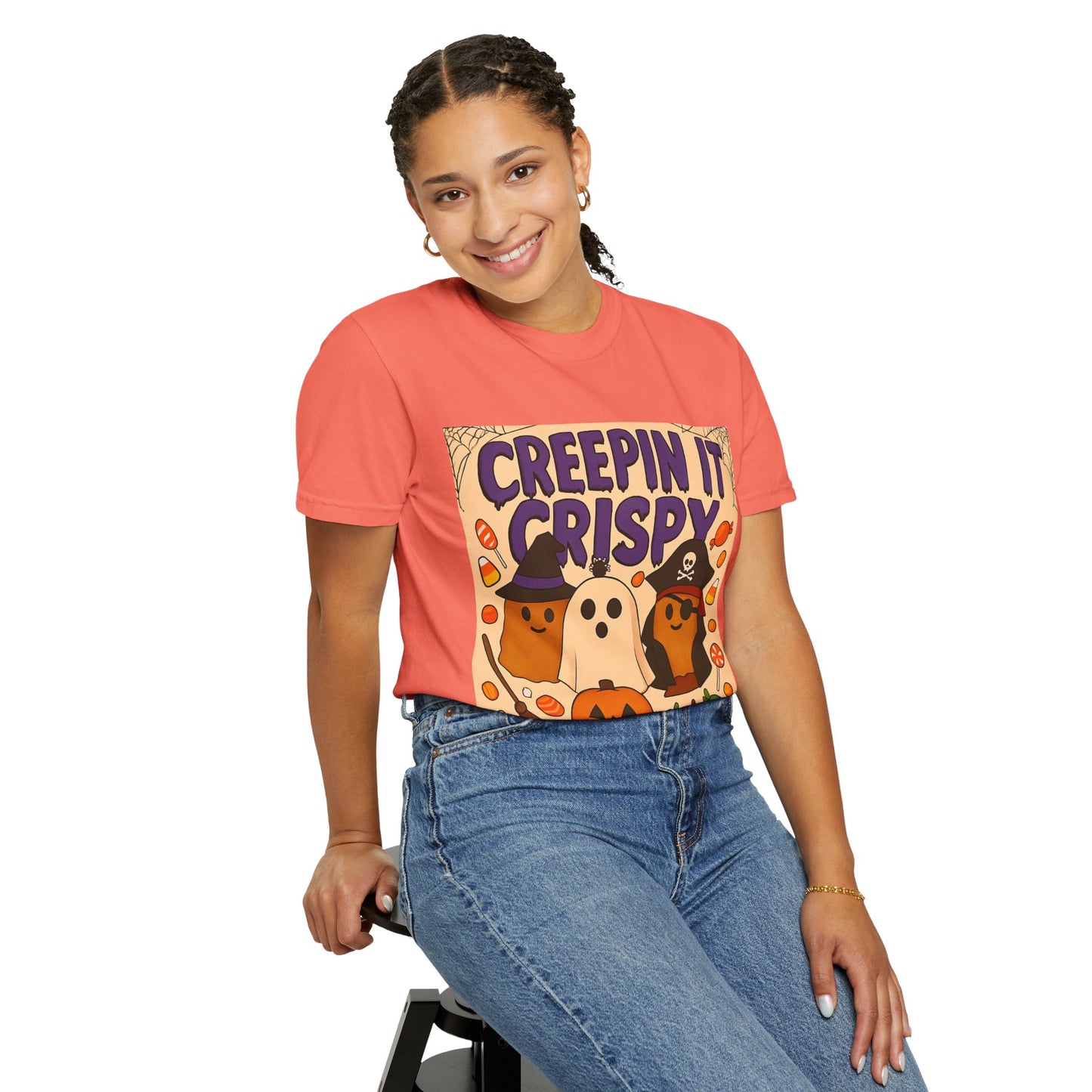 Halloween Themed T-Shirt, Creepin It Crispy T-Shirt, Unisex Shirt for Fall, Cute Halloween Tee, Festive Ghost & Candy Design