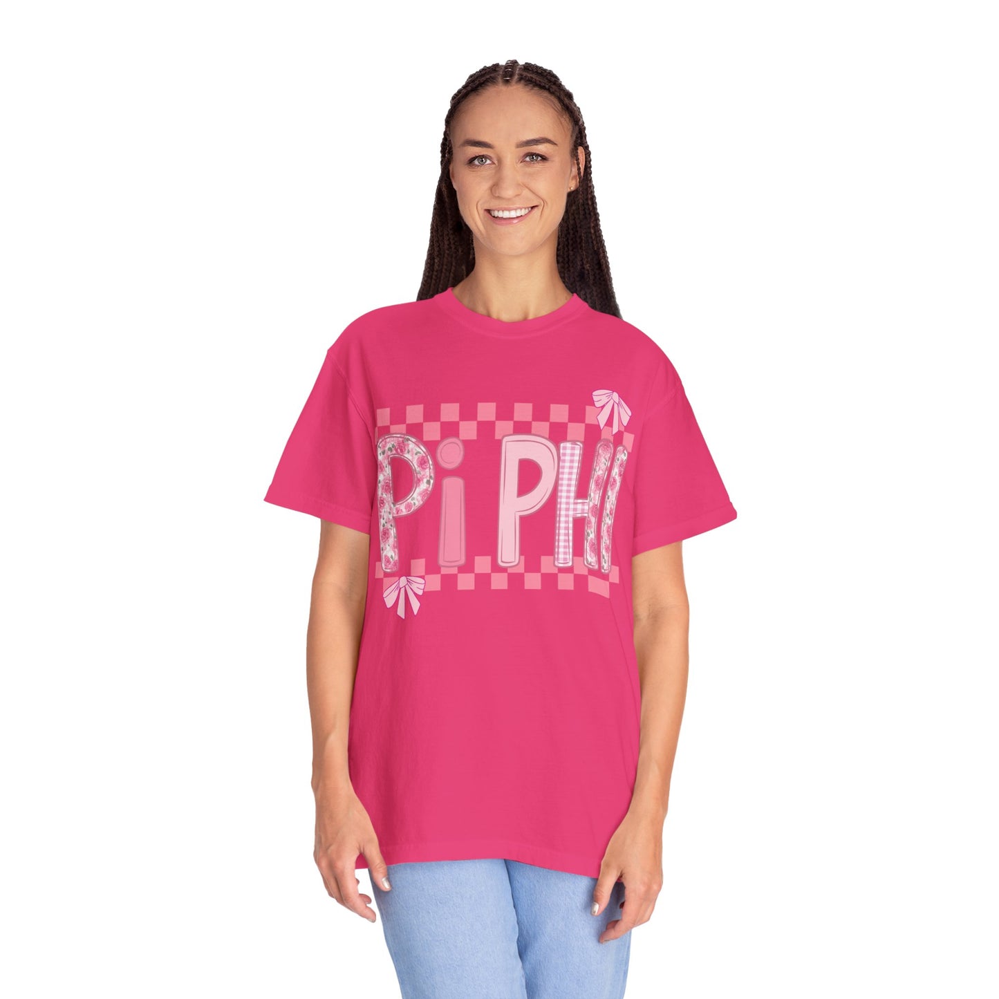 Cute Garment-Dyed T-Shirt for Sorority Sisters, Pi -Checked Style, Perfect for Casual Outings, Sorority Events, Gifts