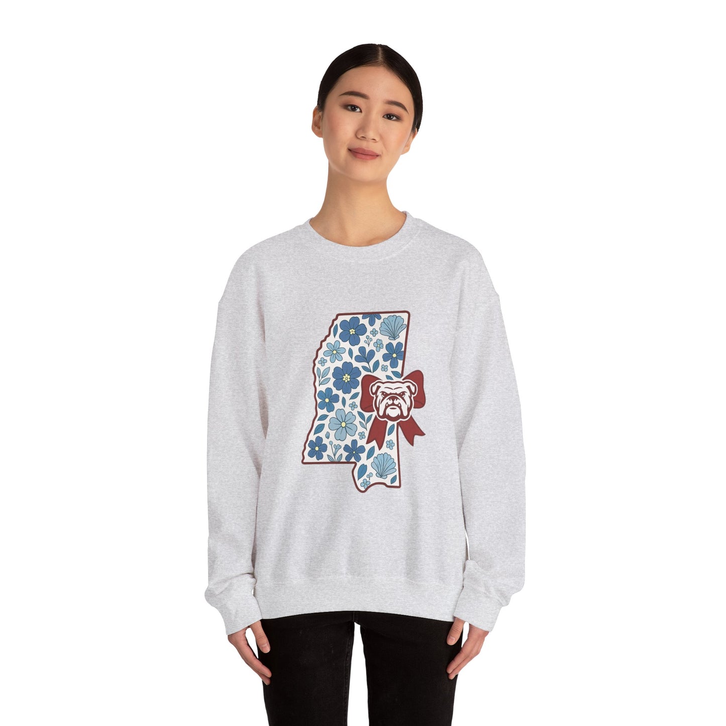 Mississippi Flower Bulldog Crewneck Sweatshirt, Cozy Sweatshirt for Fall, Gift for Dog Lovers, College Apparel, Casual Fashion