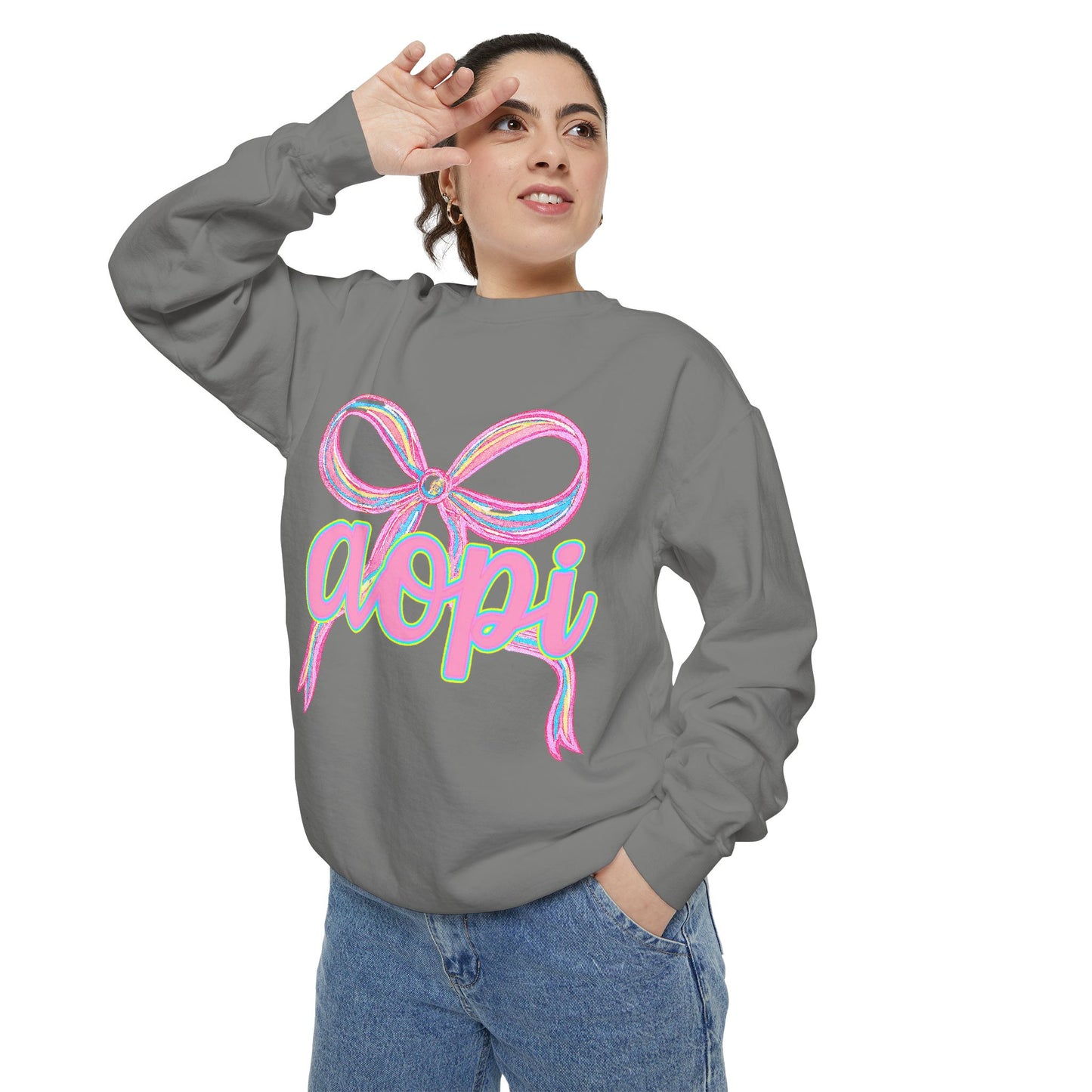 Pastel Bow Sweatshirt with aopi Design, Cozy Unisex Sweatshirt, Gift for Sorority Sisters, Casual Chic Apparel, Best Friend Outfit