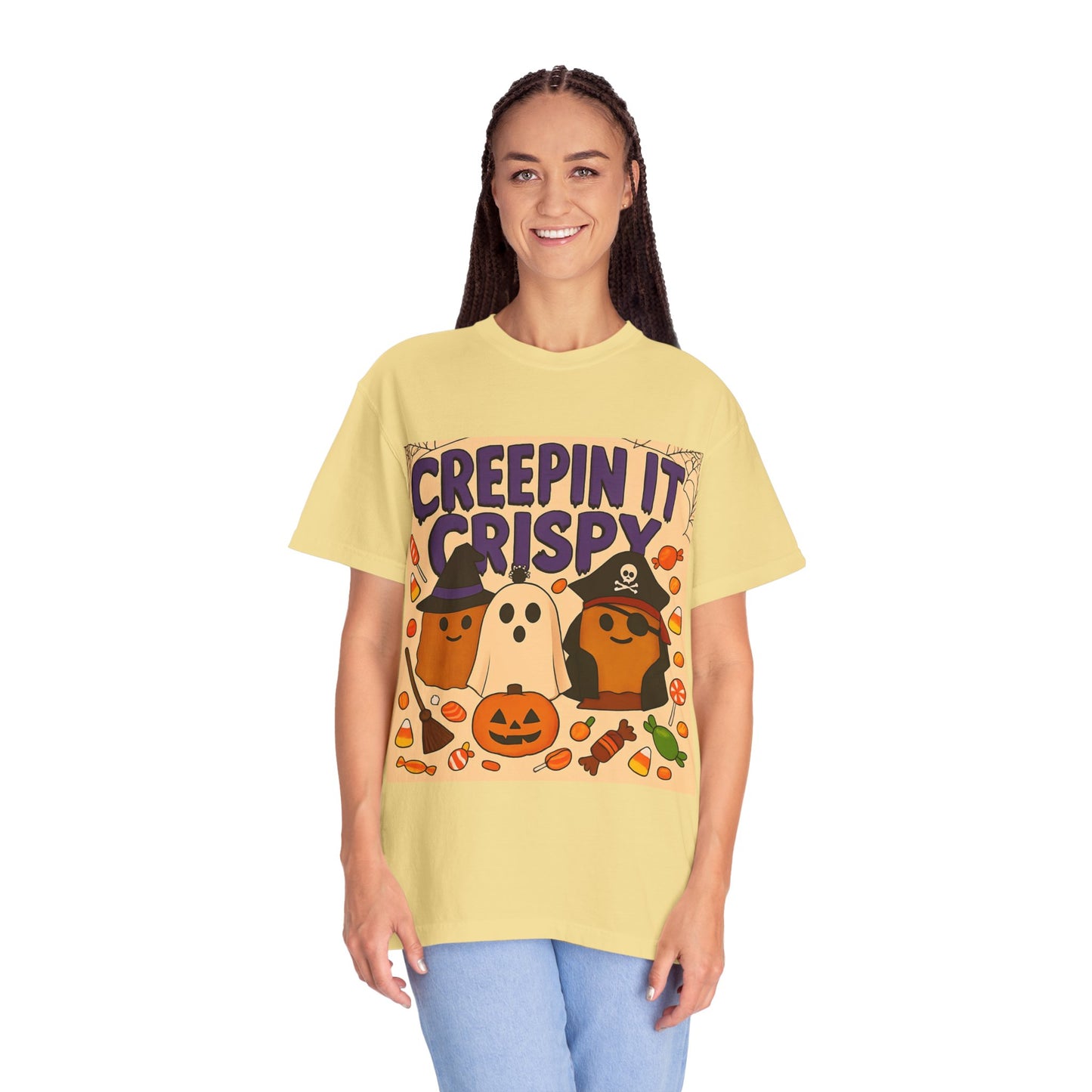 Halloween Themed T-Shirt, Creepin It Crispy T-Shirt, Unisex Shirt for Fall, Cute Halloween Tee, Festive Ghost & Candy Design