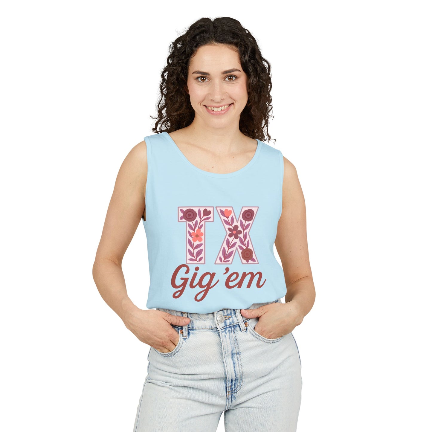 Texas Gig 'Em Tank Top, Unisex Summer Apparel, Cute Floral Design, Perfect for College Fans, Gifts, Comfort Colors, Graduation Gift