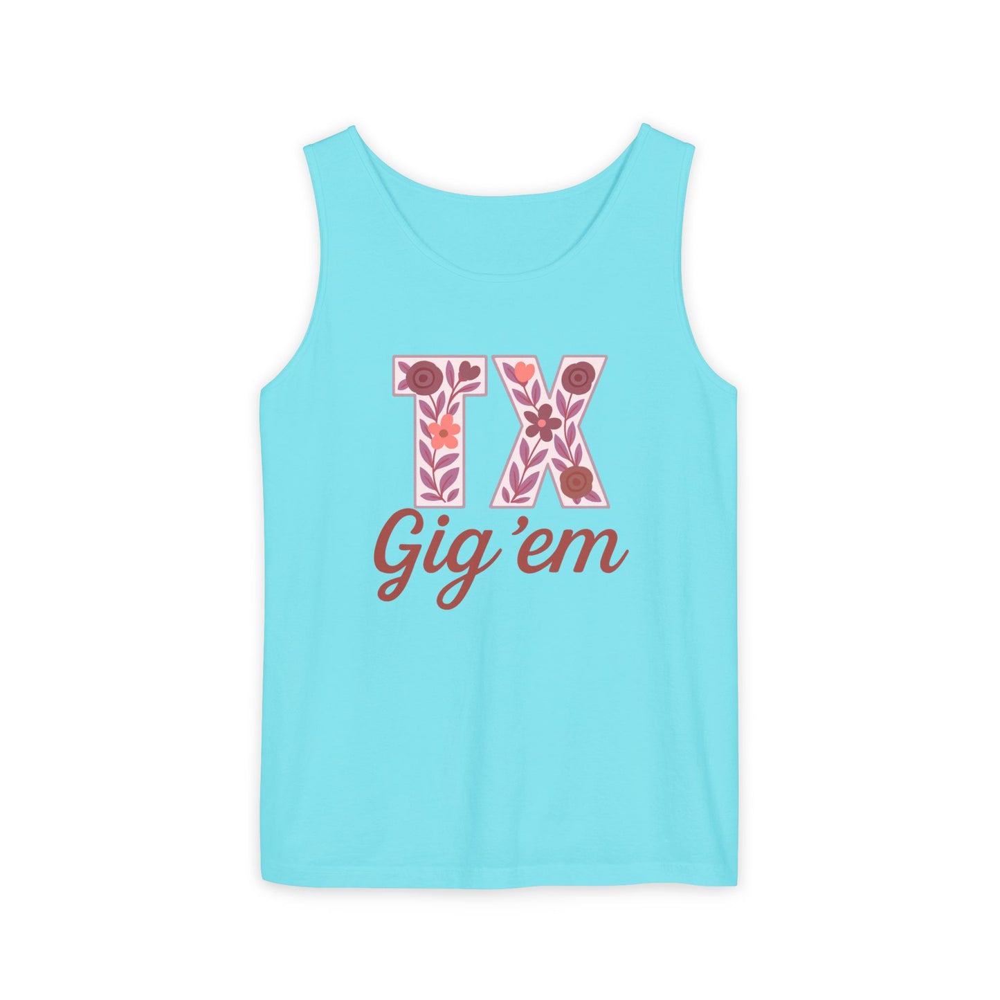 Texas Gig 'Em Tank Top, Unisex Summer Apparel, Cute Floral Design, Perfect for College Fans, Gifts, Comfort Colors, Graduation Gift