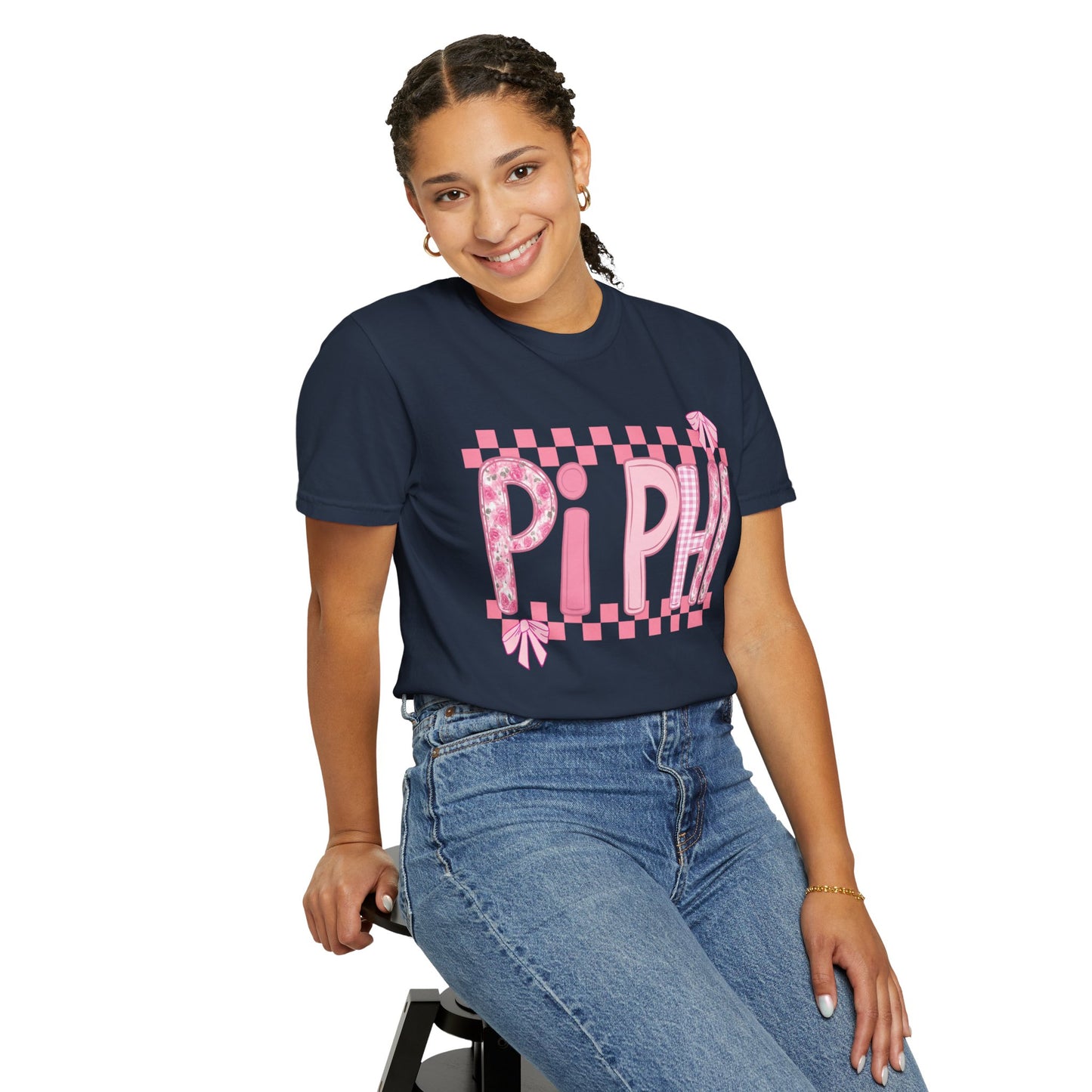 Cute Garment-Dyed T-Shirt for Sorority Sisters, Pi -Checked Style, Perfect for Casual Outings, Sorority Events, Gifts