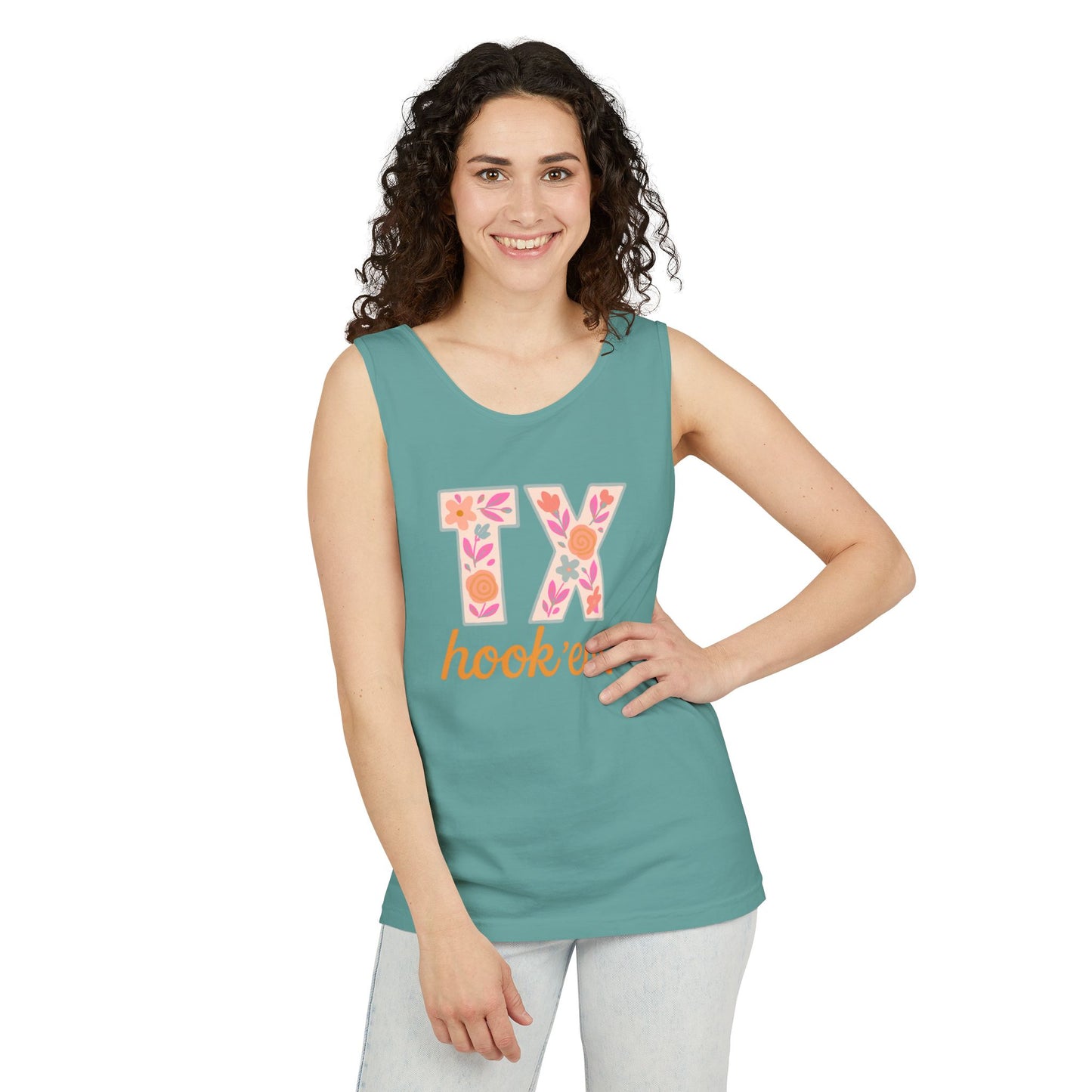 Texas Floral Hook 'Em Unisex Tank Top, Summer Vibe, Casual Wear, College Gear, Gift for Graduates, Texas Pride Apparel, Comfort Colors, Graduation Gift