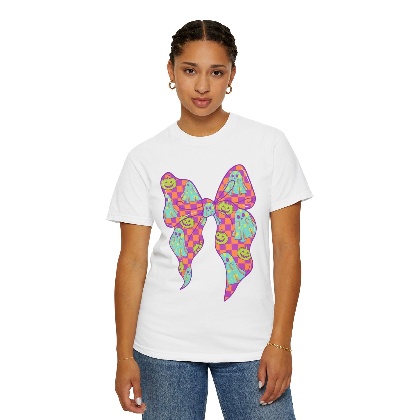 Neon Checkered Ghost Bow T-Shirt - Fun Lovers Halloween Unisex Tee