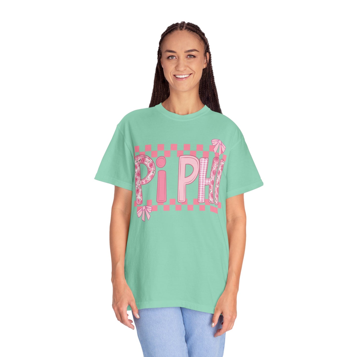 Cute Garment-Dyed T-Shirt for Sorority Sisters, Pi -Checked Style, Perfect for Casual Outings, Sorority Events, Gifts
