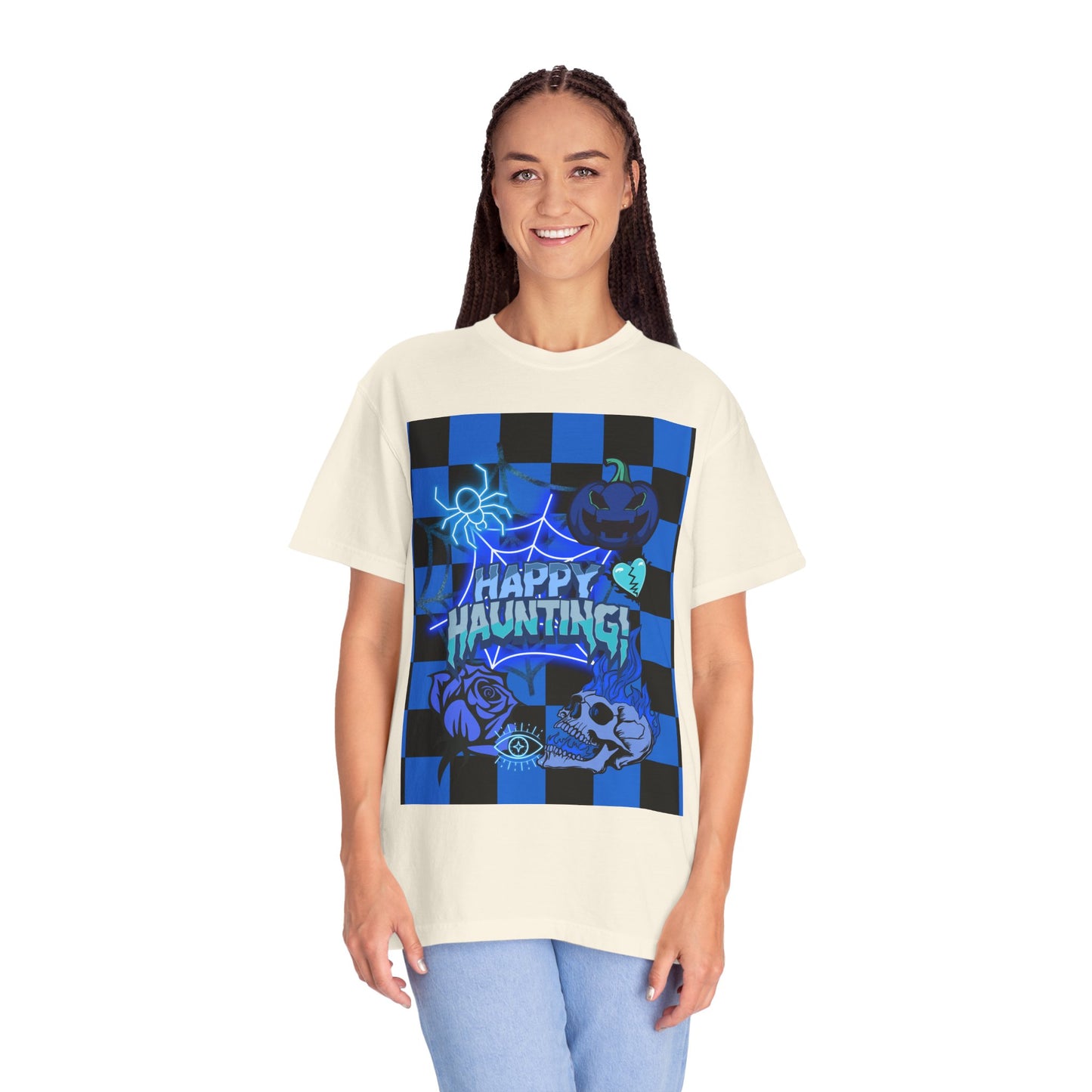 Happy Haunting Unisex Garment-Dyed T-shirt, Halloween Tee, Spooky Shirt, Fall Fashion, Casual Wear, Pumpkin Fest