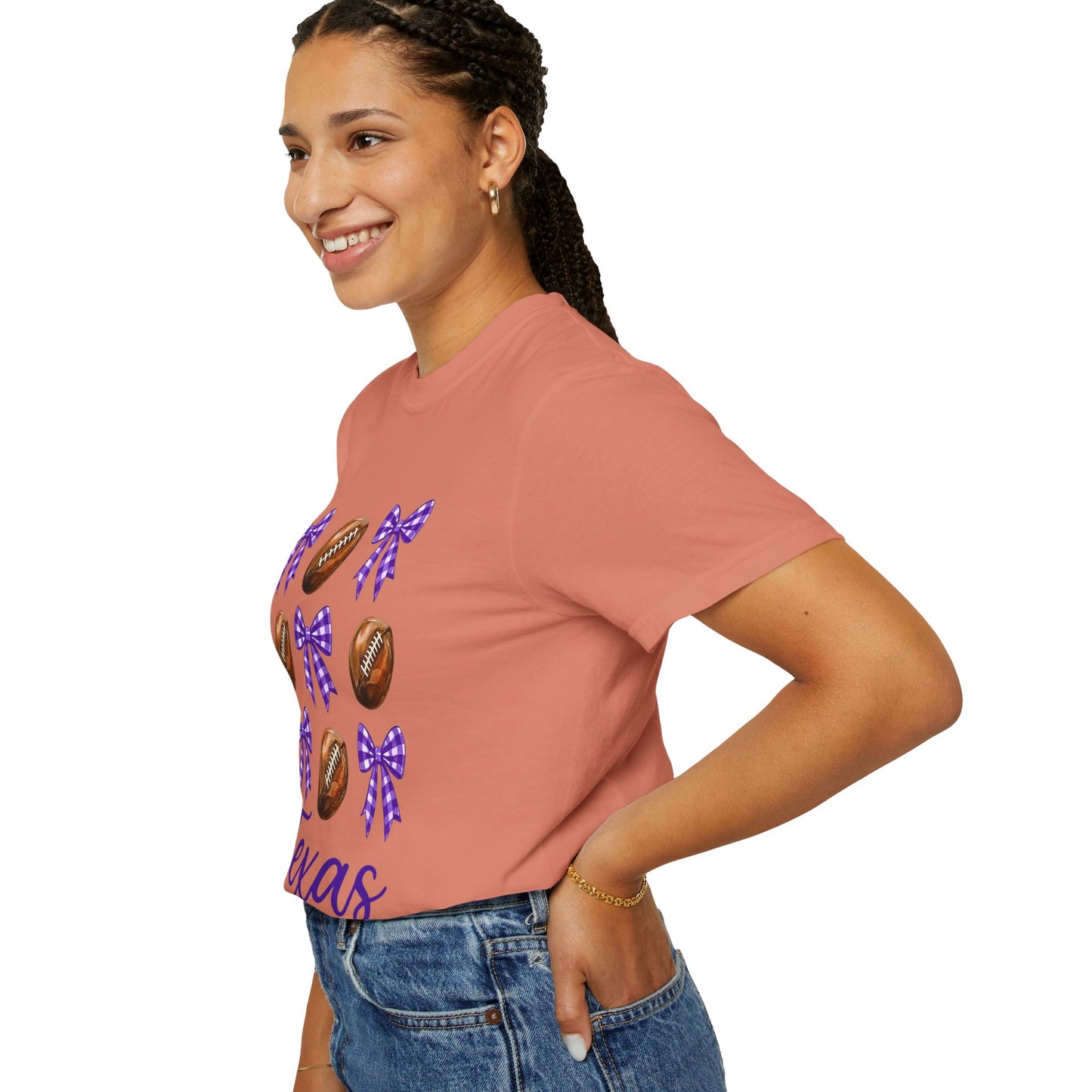 Texas Football Unisex T-Shirt with Purple Bows - Game Day Sports Apparel for Horned Frogs Fans
