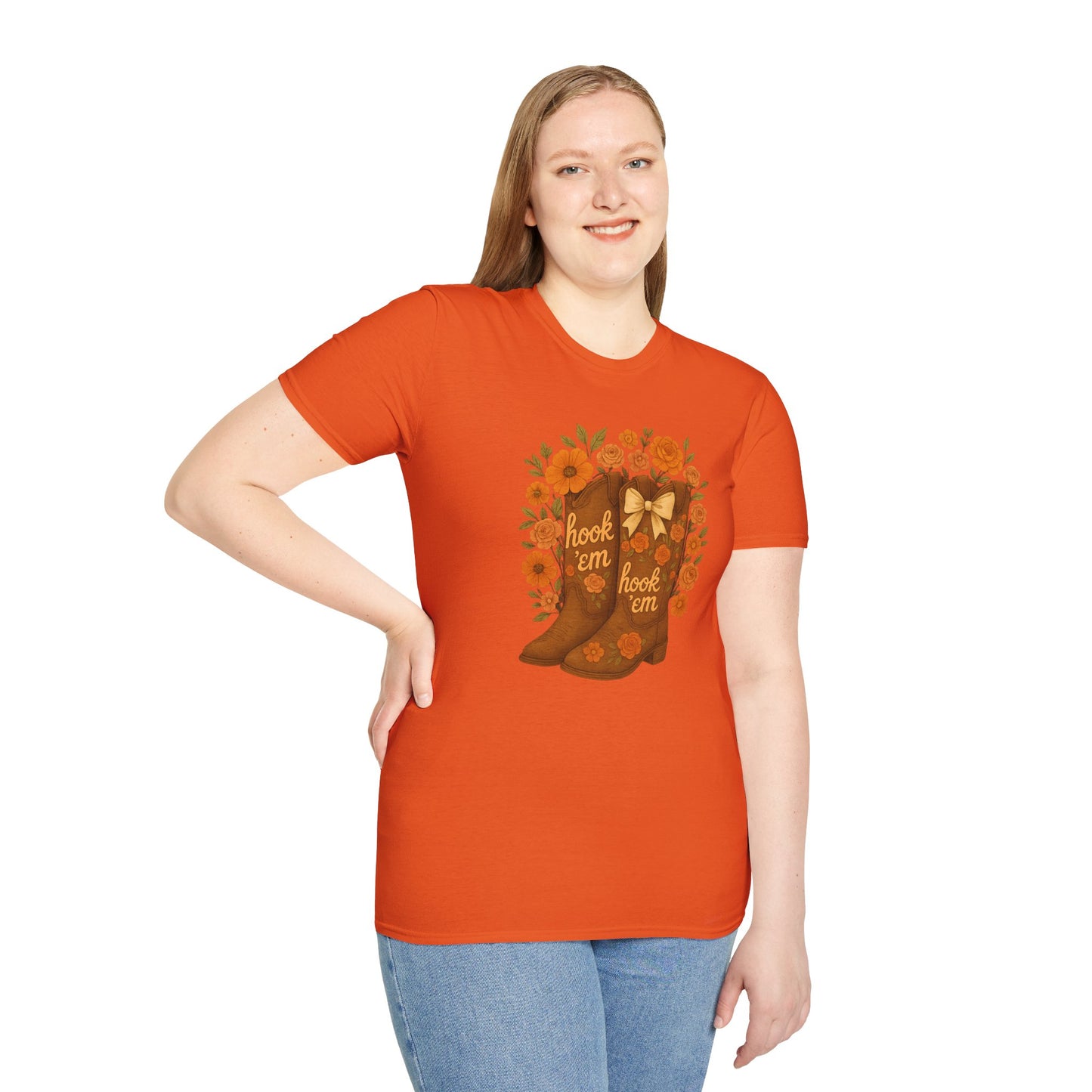 Tx Hook Em Floral Cowboy Boot T-Shirt, Hook 'Em Tee, Autumn Apparel, Country Style, Gift for Her, tx longhorns, texas fan gift, hook em horns, graduation gift, college student gift