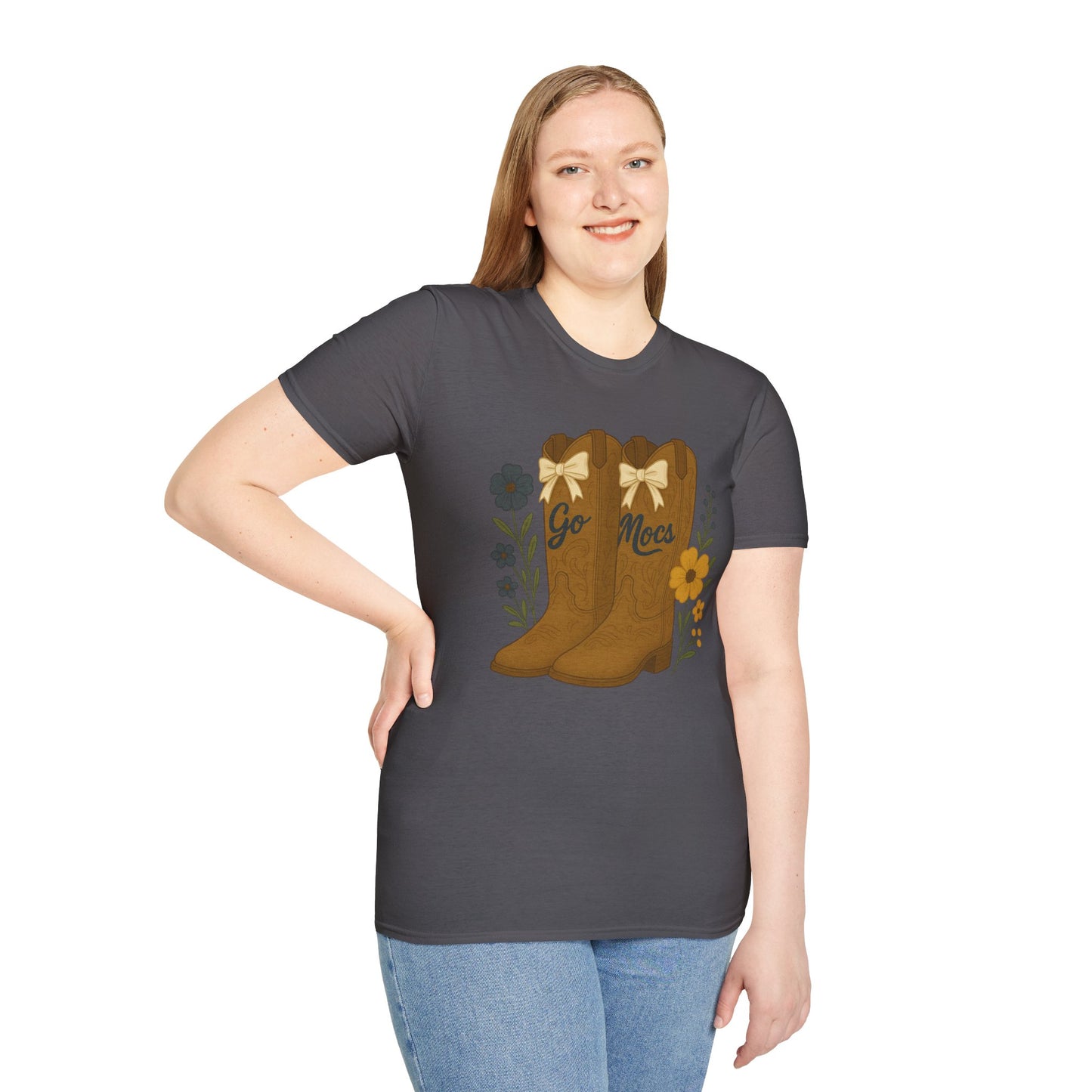 Chatt Mocs Coquette Cowgirl Boot Floral T-Shirt - Go Mocs Design, Casual Wear, Gift for Cowgirls, Western Style, Country Fan Clothing, Go Mocs, chatt tn game day, graduation gift