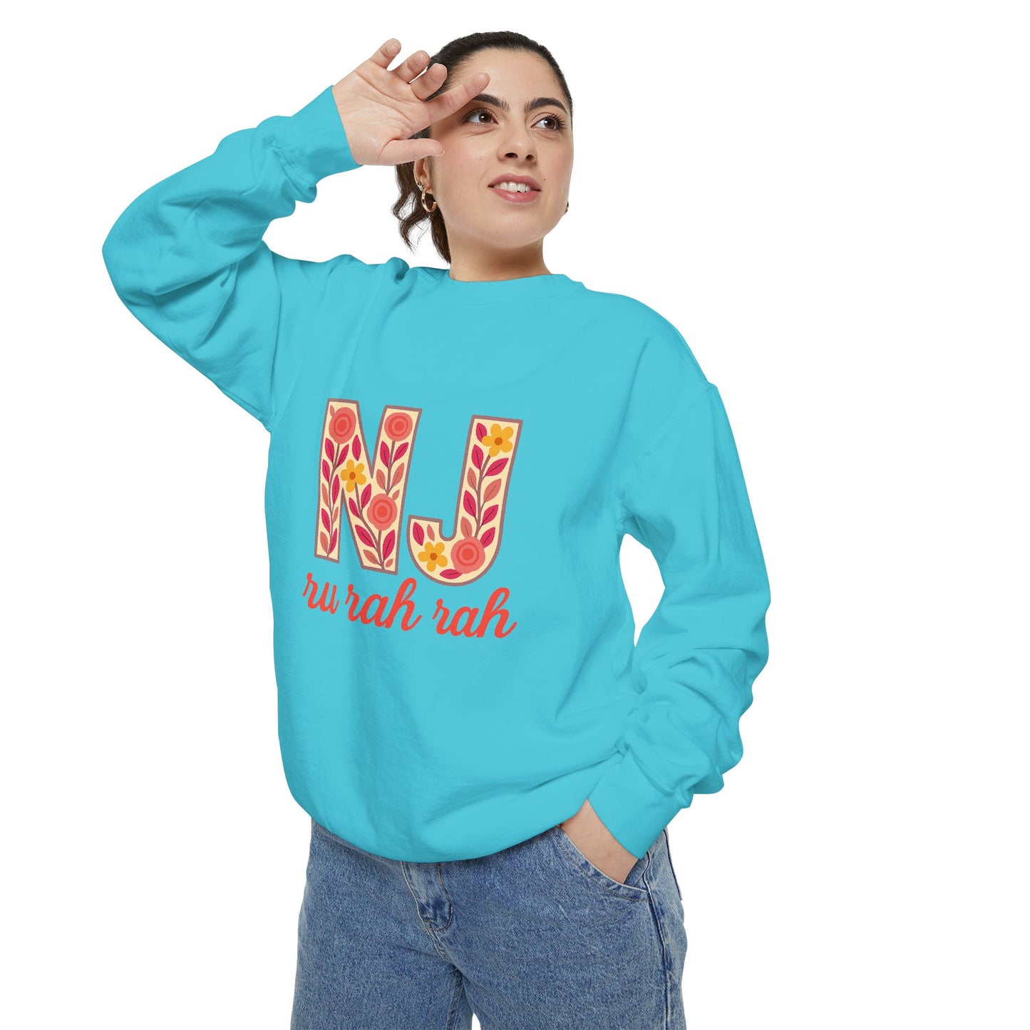 Cheerful NJ Garment-Dyed Sweatshirt, Cozy Unisex Pullover for School Spirit, Fall Fashion, Gift for College Students, Relaxed Fit