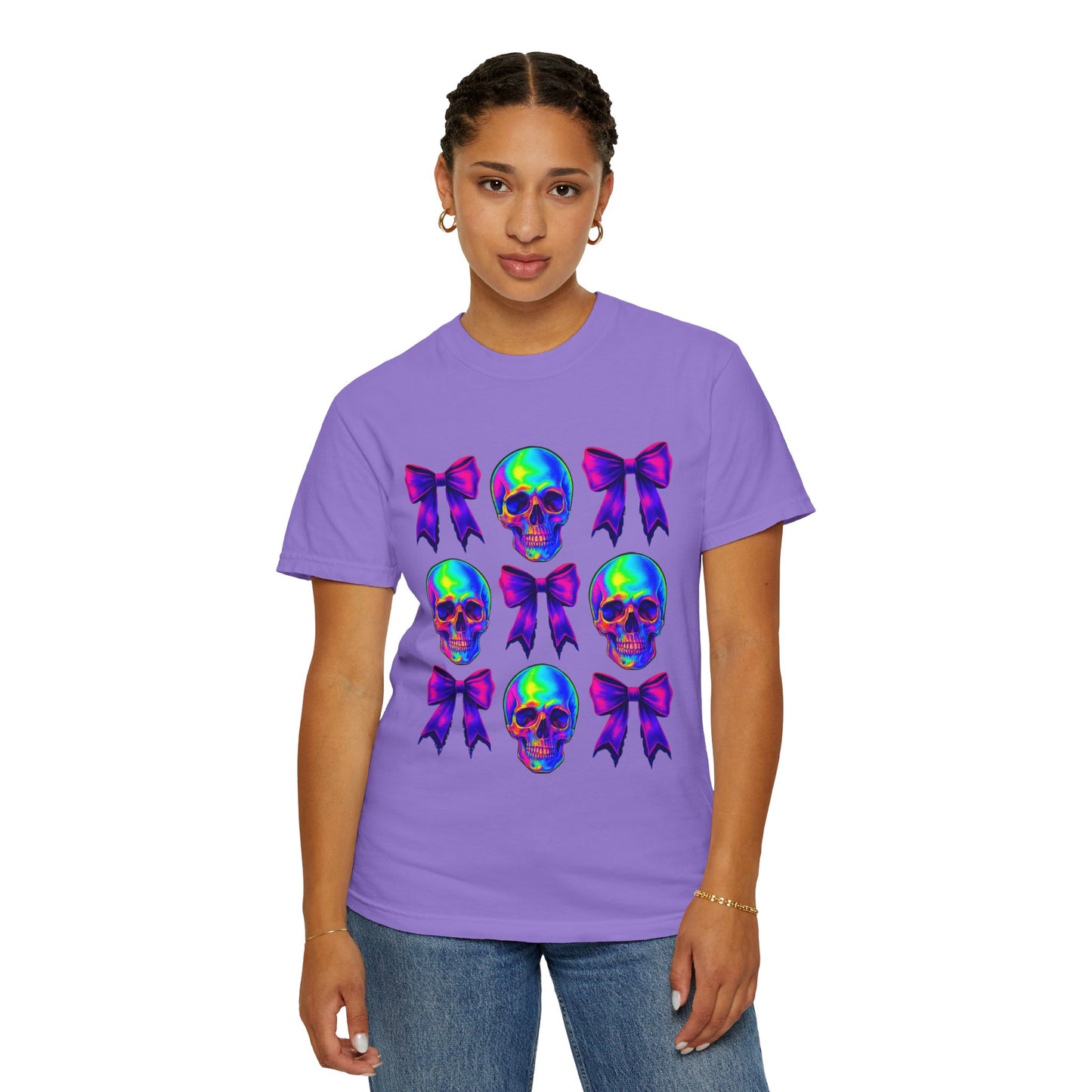 Neon Skull and Bow Unisex T-Shirt | Trendy Graphic Tee for Halloween, Festivals, Casual Wear, Gifts