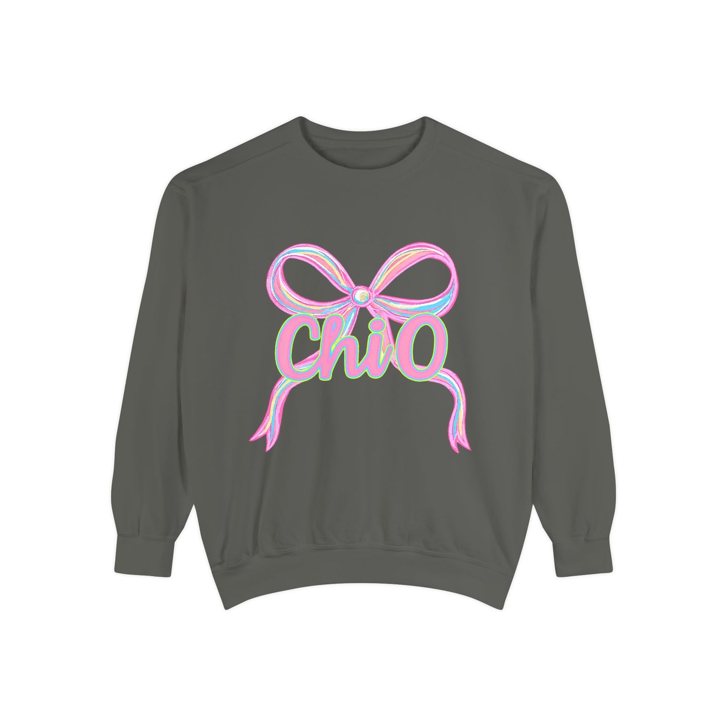 CHIO Chic Bow Graphic Unisex Garment-Dyed Sweatshirt, Cozy Pullover, Fashionable Gift, Casual Outfit, Spring Style, Trendy Apparel